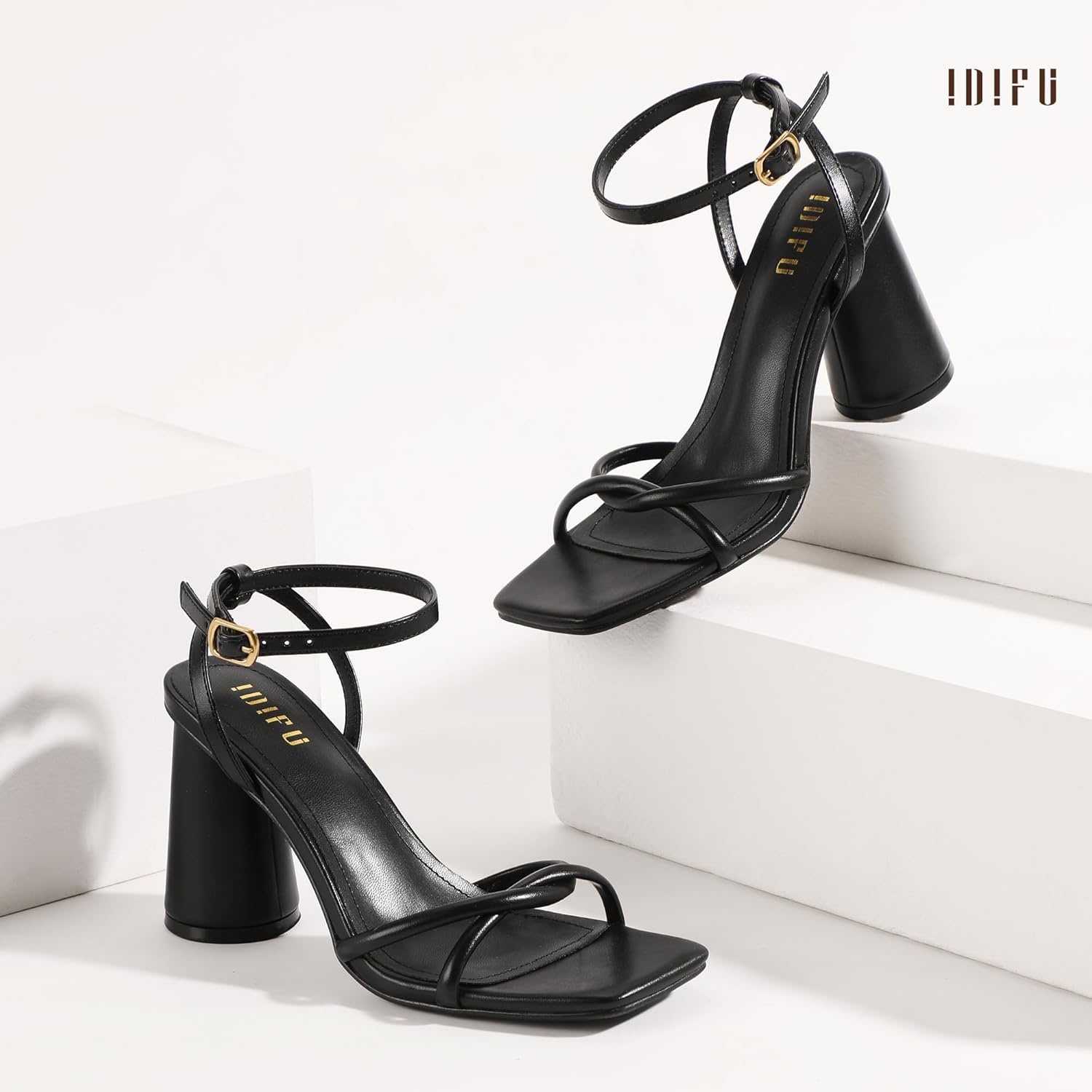 image:imageIDIFU IN3 Chunky Strappy Heels for Women High Block Open Square Toe Heel Dressy Ankle Strap Heeled Sandals Dress Shoes for Women Wedding Bridal Office Prom Shoe Thick HeelsBlack Pu