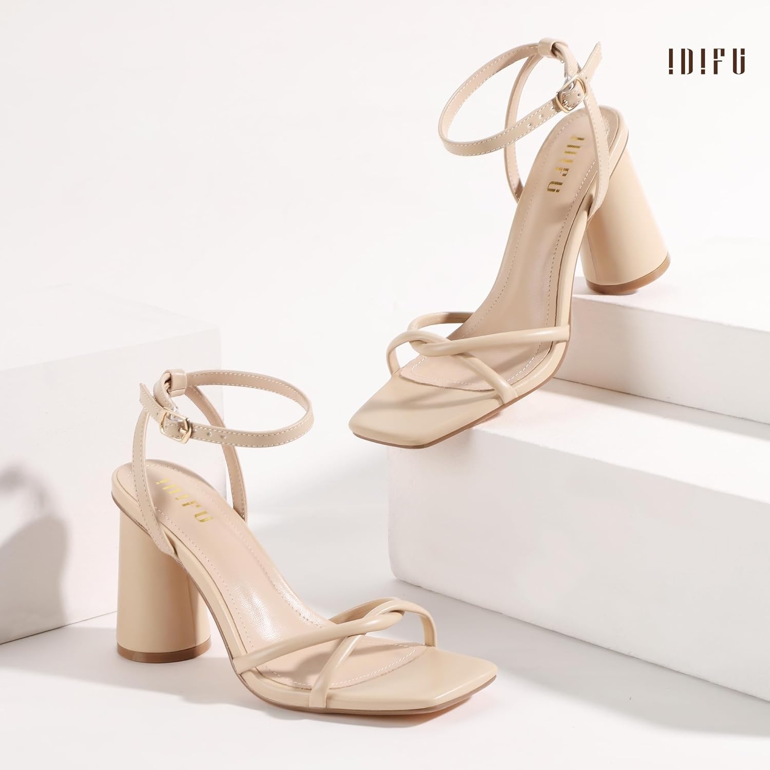 image:imageIDIFU IN3 Chunky Strappy Heels for Women High Block Open Square Toe Heel Dressy Ankle Strap Heeled Sandals Dress Shoes for Women Wedding Bridal Office Prom Shoe Thick HeelsNude Pu