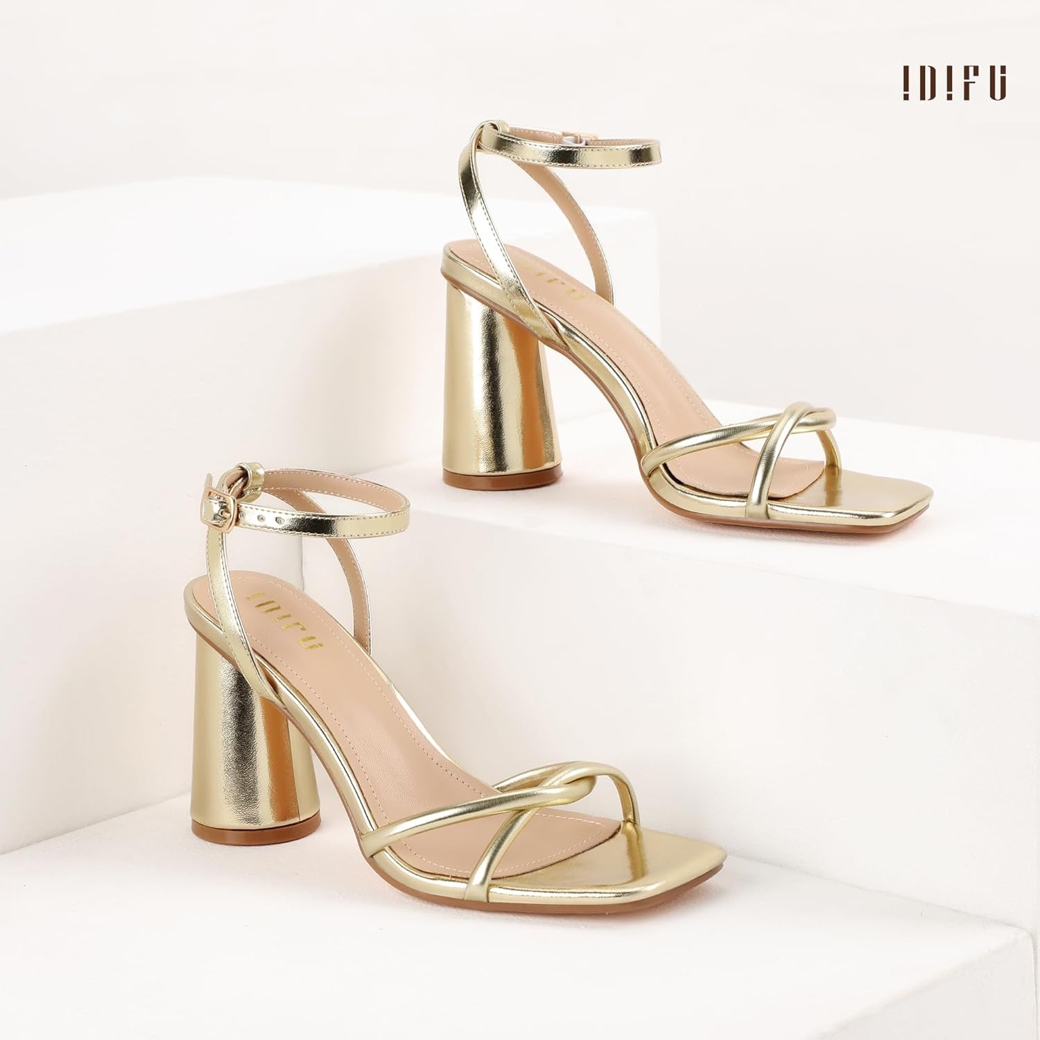 image:imageIDIFU IN3 Chunky Strappy Heels for Women High Block Open Square Toe Heel Dressy Ankle Strap Heeled Sandals Dress Shoes for Women Wedding Bridal Office Prom Shoe Thick HeelsGold Pu