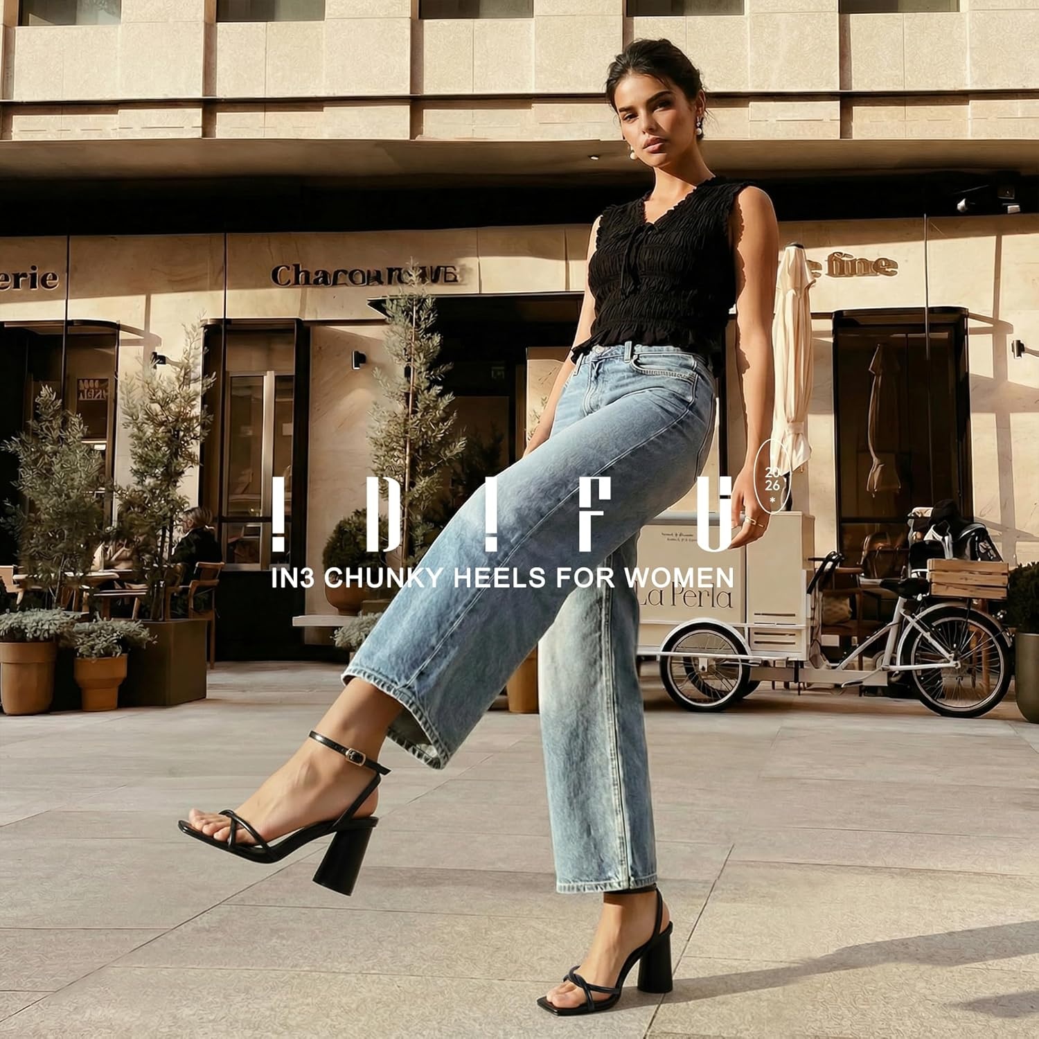 image:imageIDIFU IN3 Chunky Strappy Heels for Women High Block Open Square Toe Heel Dressy Ankle Strap Heeled Sandals Dress Shoes for Women Wedding Bridal Office Prom Shoe Thick HeelsBlack Pu
