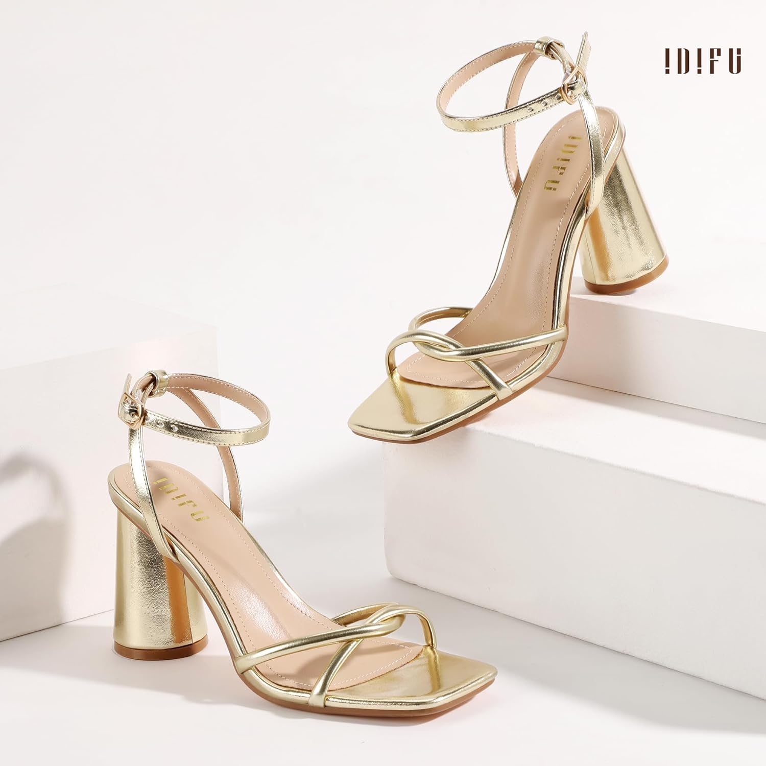 image:imageIDIFU IN3 Chunky Strappy Heels for Women High Block Open Square Toe Heel Dressy Ankle Strap Heeled Sandals Dress Shoes for Women Wedding Bridal Office Prom Shoe Thick HeelsGold Pu