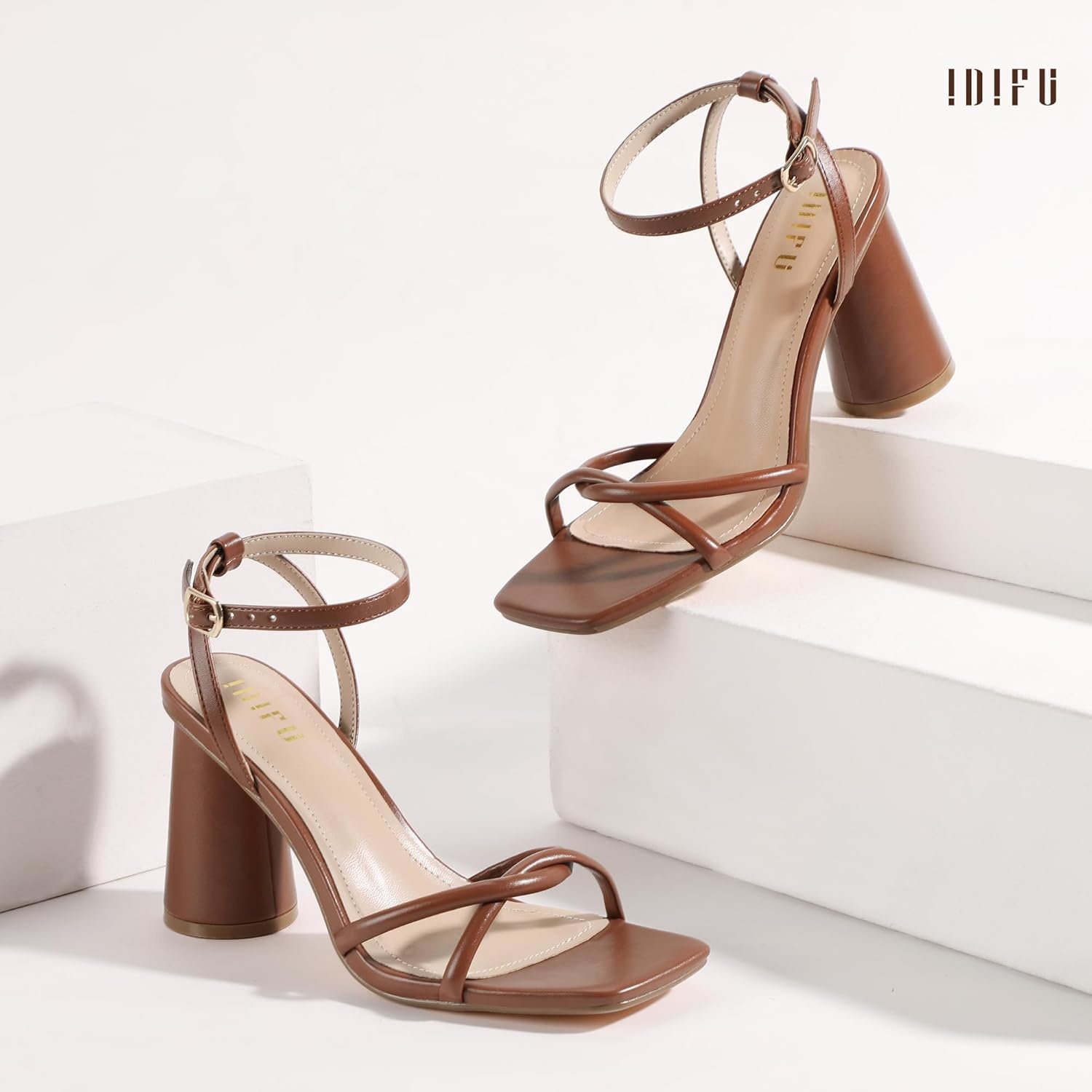 image:imageIDIFU IN3 Chunky Strappy Heels for Women High Block Open Square Toe Heel Dressy Ankle Strap Heeled Sandals Dress Shoes for Women Wedding Bridal Office Prom Shoe Thick HeelsBrown Pu