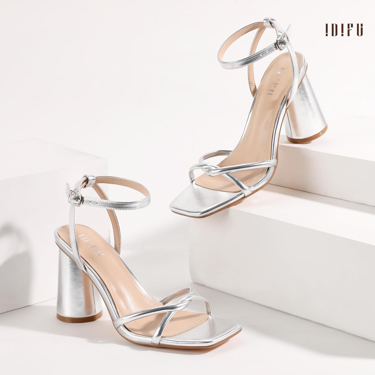 image:imageIDIFU IN3 Chunky Strappy Heels for Women High Block Open Square Toe Heel Dressy Ankle Strap Heeled Sandals Dress Shoes for Women Wedding Bridal Office Prom Shoe Thick HeelsSilver Pu