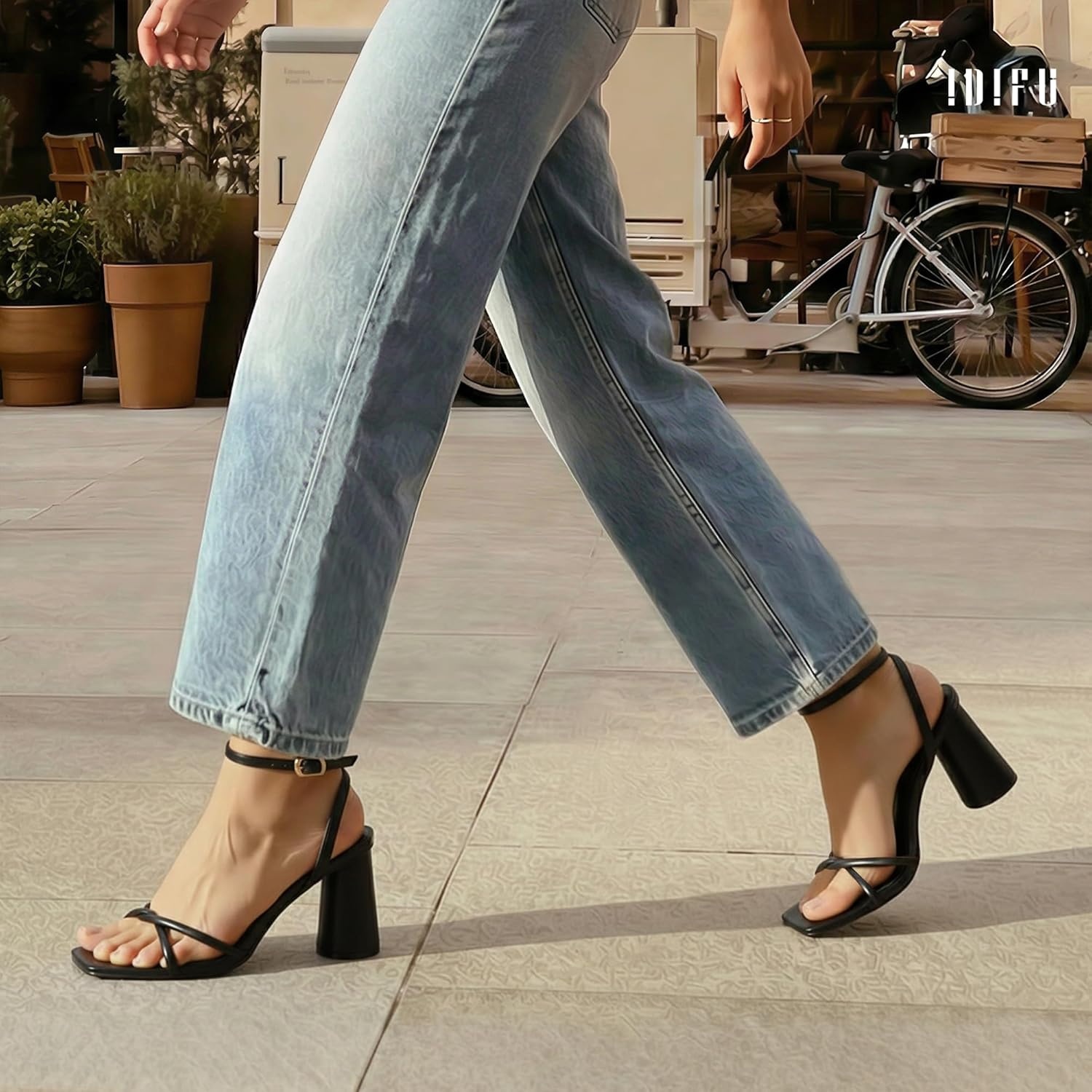 image:imageIDIFU IN3 Chunky Strappy Heels for Women High Block Open Square Toe Heel Dressy Ankle Strap Heeled Sandals Dress Shoes for Women Wedding Bridal Office Prom Shoe Thick HeelsBlack Pu