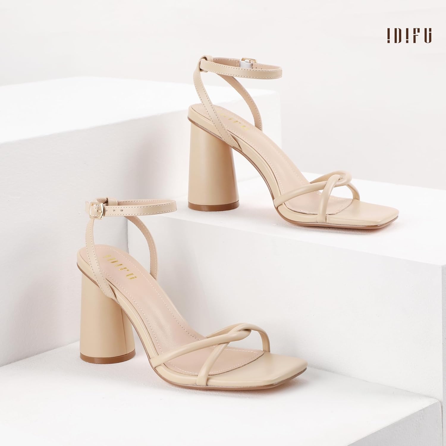 image:imageIDIFU IN3 Chunky Strappy Heels for Women High Block Open Square Toe Heel Dressy Ankle Strap Heeled Sandals Dress Shoes for Women Wedding Bridal Office Prom Shoe Thick HeelsNude Pu