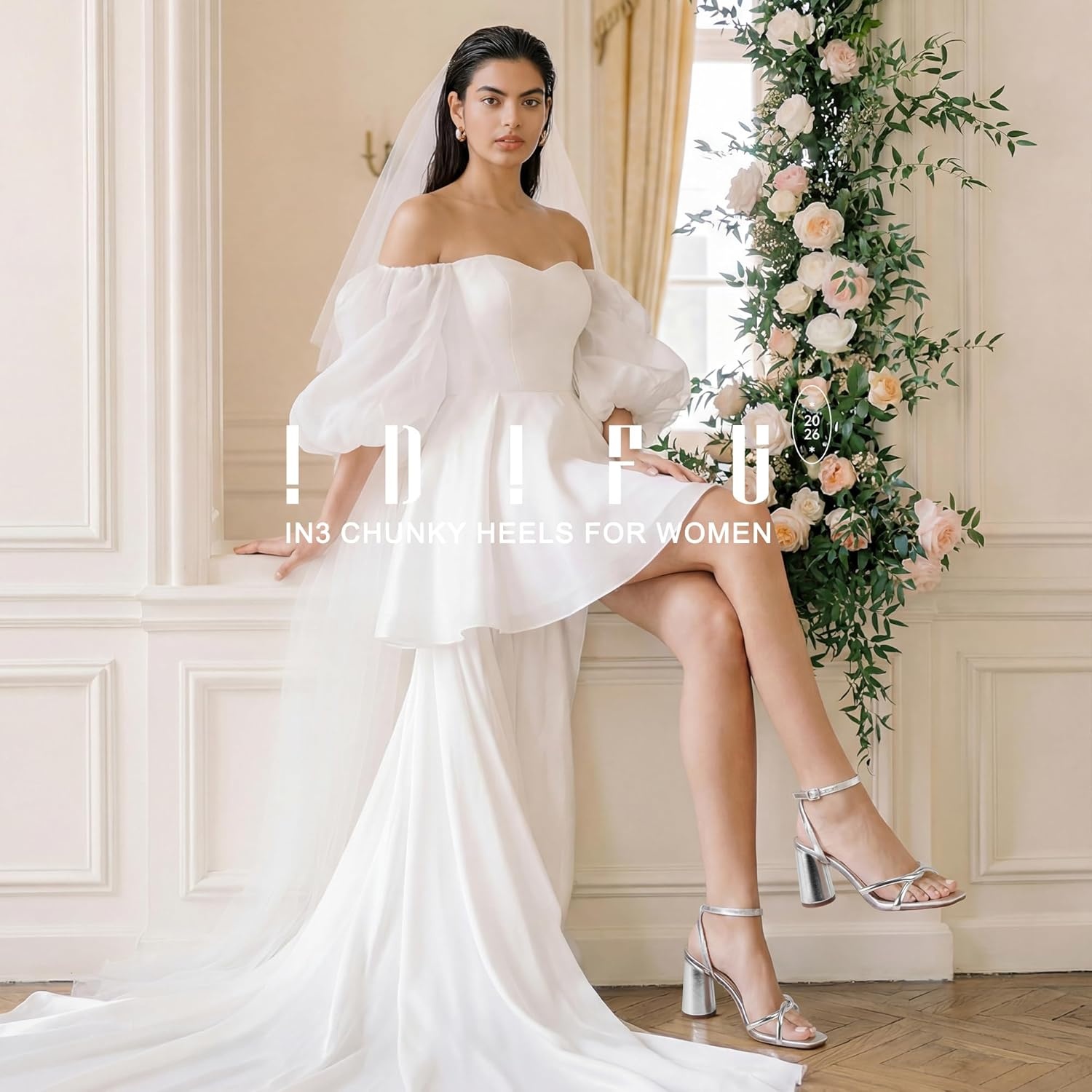 image:imageIDIFU IN3 Chunky Strappy Heels for Women High Block Open Square Toe Heel Dressy Ankle Strap Heeled Sandals Dress Shoes for Women Wedding Bridal Office Prom Shoe Thick HeelsSilver Pu