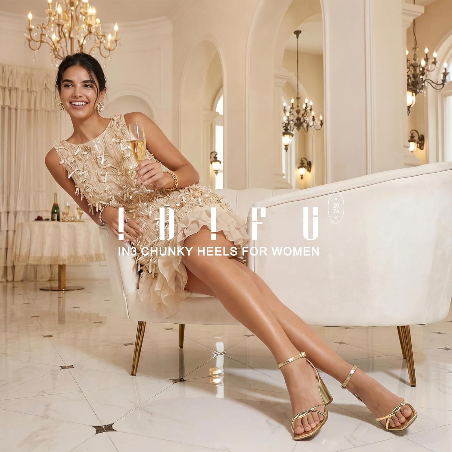 image:imageIDIFU IN3 Chunky Strappy Heels for Women High Block Open Square Toe Heel Dressy Ankle Strap Heeled Sandals Dress Shoes for Women Wedding Bridal Office Prom Shoe Thick HeelsGold Pu