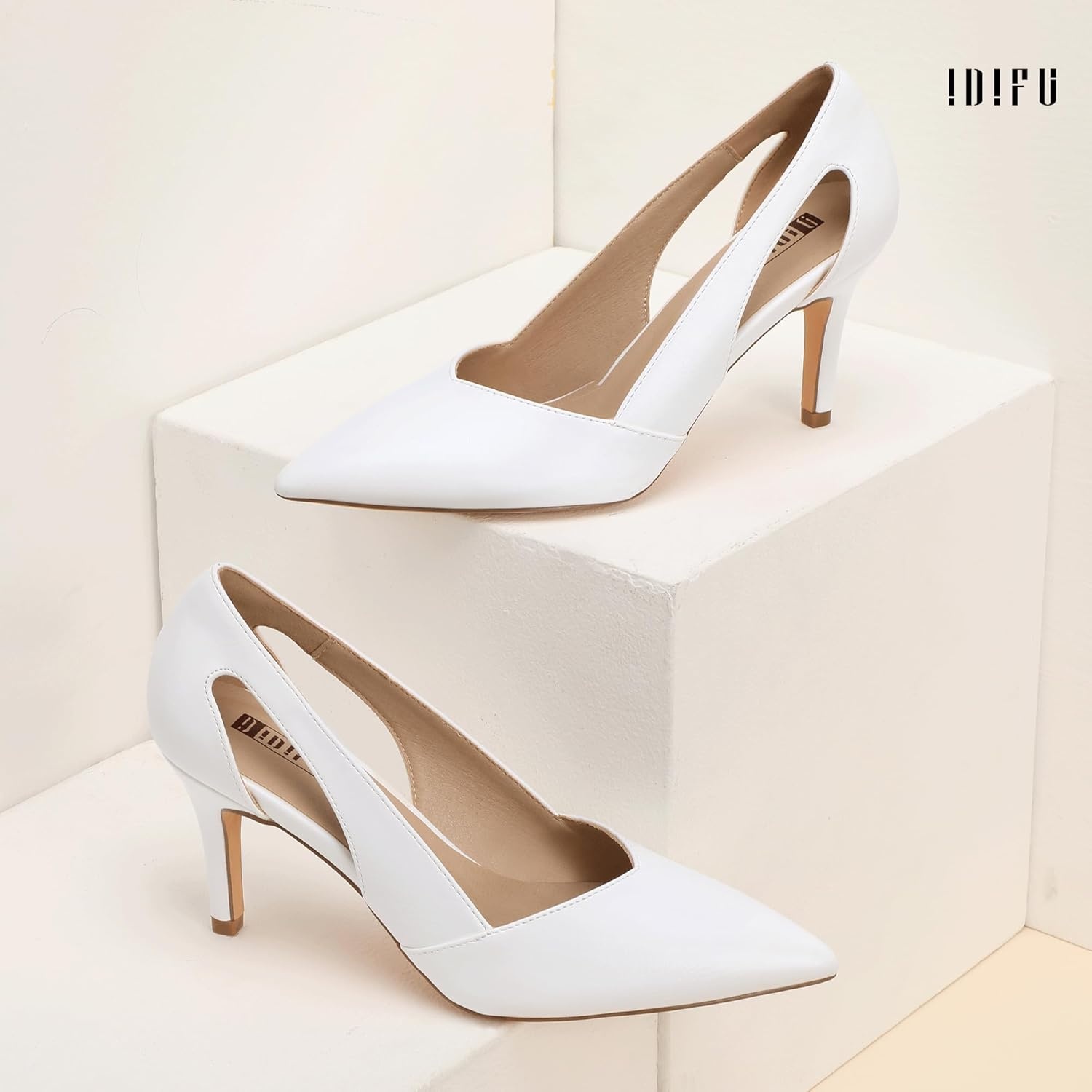 image:imageIDIFU IN3 Closed Pointed Toe Heels Womens Pumps Stiletto Kitten Heel Comfortable Cut Out Dress Shoes for Women Wedding Bridal Prom Office Casual Fashion Cute Classic Pumps ShoesWhite Pu