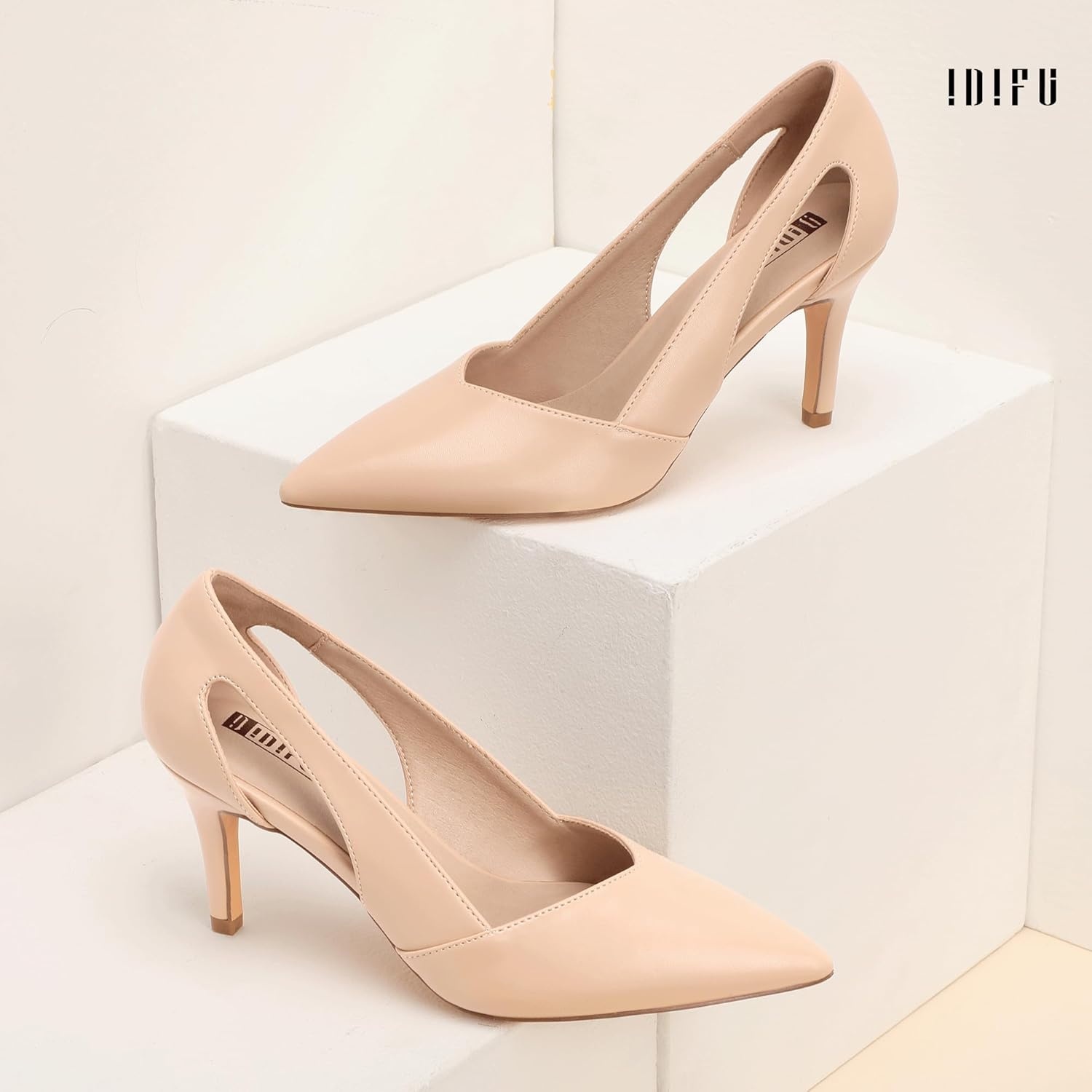 image:imageIDIFU IN3 Closed Pointed Toe Heels Womens Pumps Stiletto Kitten Heel Comfortable Cut Out Dress Shoes for Women Wedding Bridal Prom Office Casual Fashion Cute Classic Pumps ShoesNude Pu