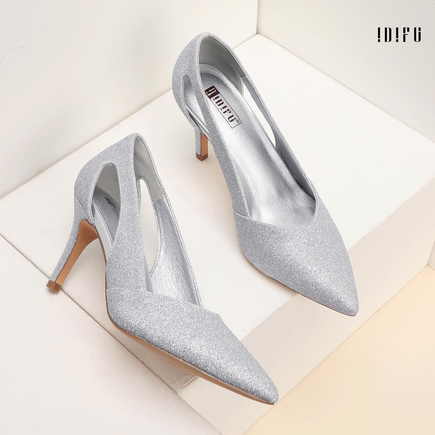 image:imageIDIFU IN3 Closed Pointed Toe Heels Womens Pumps Stiletto Kitten Heel Comfortable Cut Out Dress Shoes for Women Wedding Bridal Prom Office Casual Fashion Cute Classic Pumps ShoesSilver Shiny