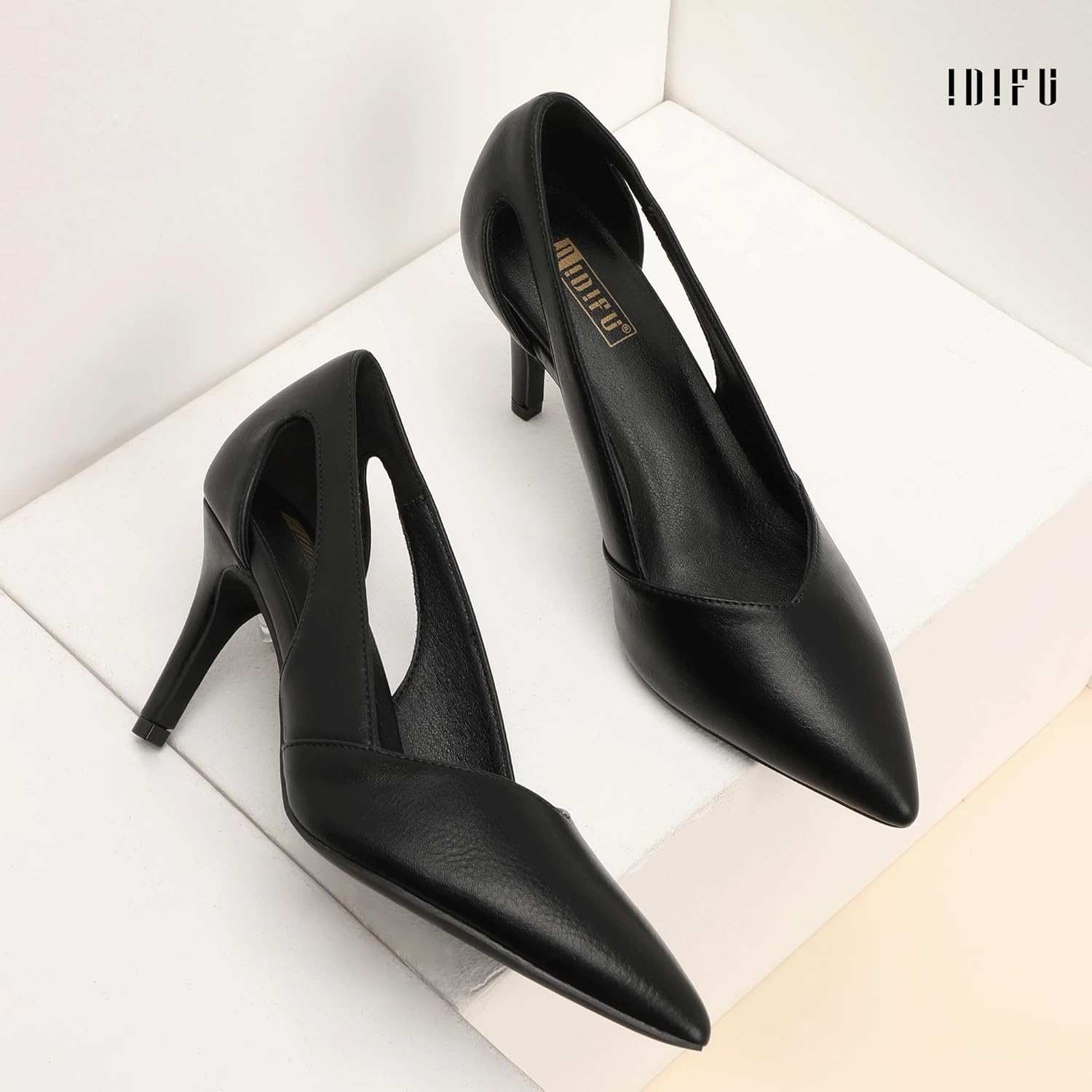 image:imageIDIFU IN3 Closed Pointed Toe Heels Womens Pumps Stiletto Kitten Heel Comfortable Cut Out Dress Shoes for Women Wedding Bridal Prom Office Casual Fashion Cute Classic Pumps ShoesBlack Pu