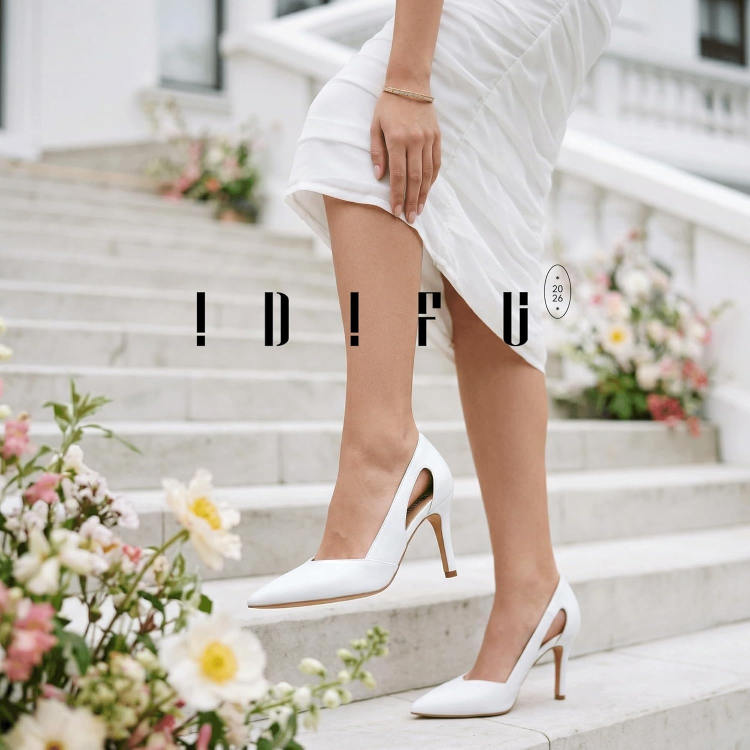 image:imageIDIFU IN3 Closed Pointed Toe Heels Womens Pumps Stiletto Kitten Heel Comfortable Cut Out Dress Shoes for Women Wedding Bridal Prom Office Casual Fashion Cute Classic Pumps ShoesWhite Pu