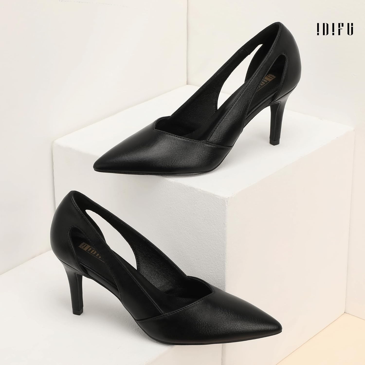 image:imageIDIFU IN3 Closed Pointed Toe Heels Womens Pumps Stiletto Kitten Heel Comfortable Cut Out Dress Shoes for Women Wedding Bridal Prom Office Casual Fashion Cute Classic Pumps ShoesBlack Pu