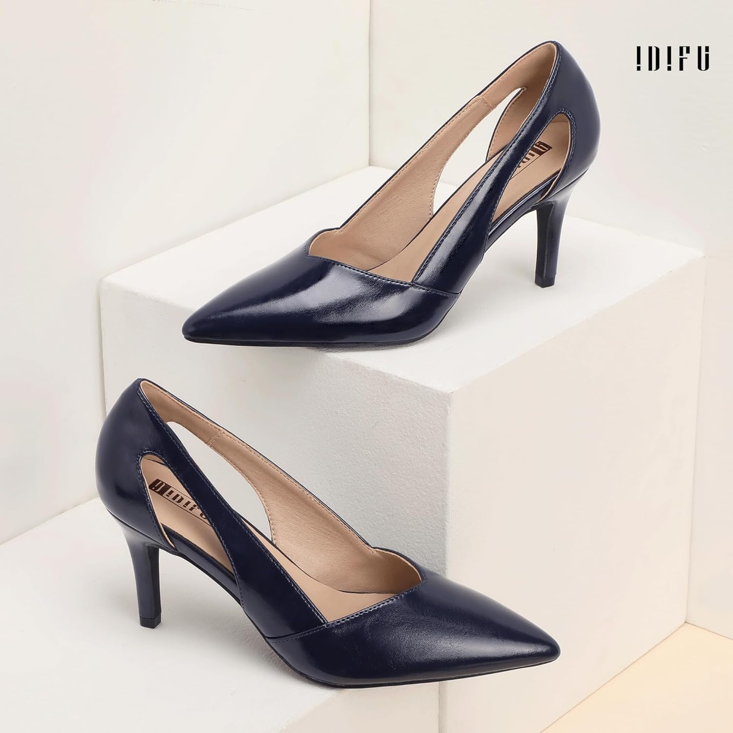 image:imageIDIFU IN3 Closed Pointed Toe Heels Womens Pumps Stiletto Kitten Heel Comfortable Cut Out Dress Shoes for Women Wedding Bridal Prom Office Casual Fashion Cute Classic Pumps ShoesNavy Blue Pu