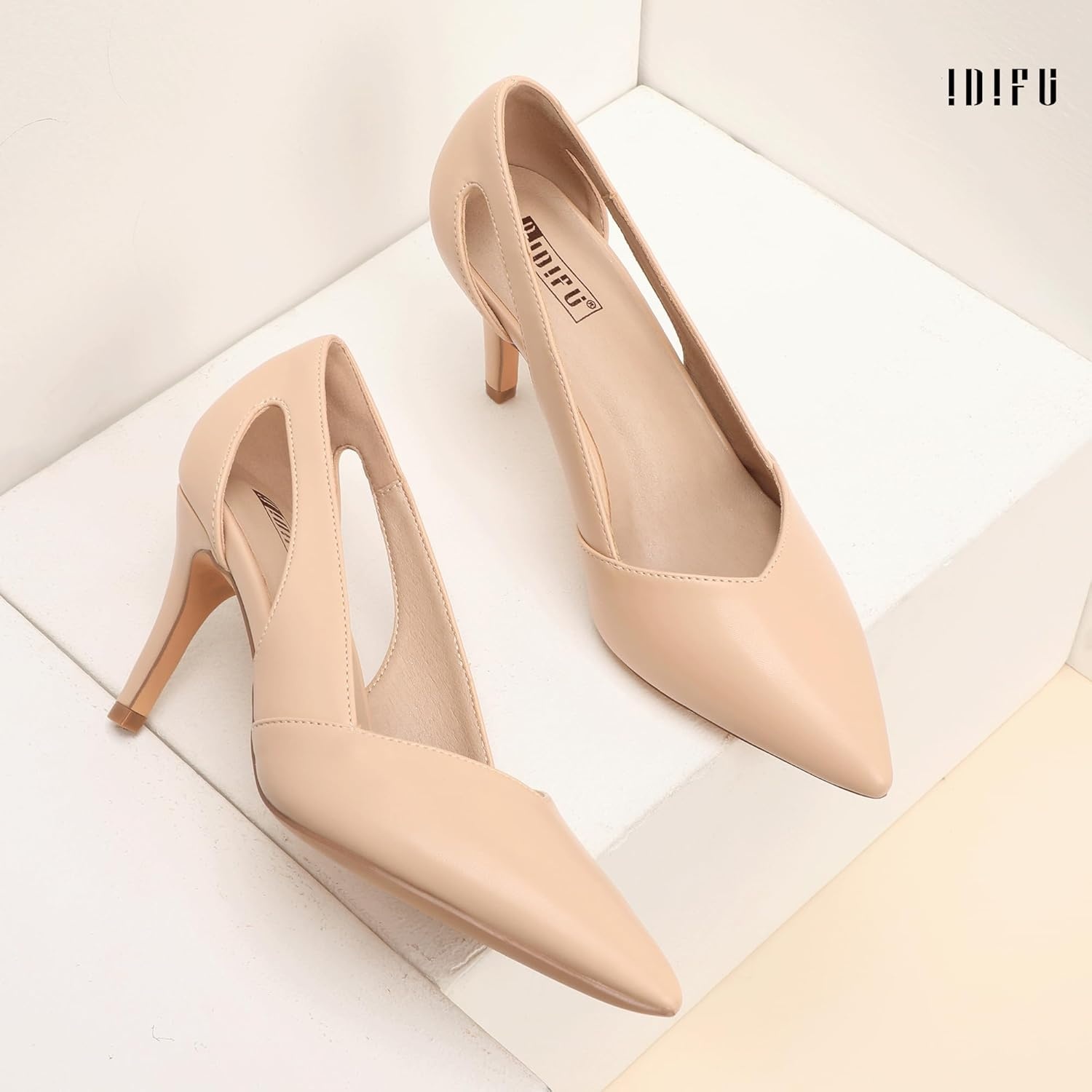 image:imageIDIFU IN3 Closed Pointed Toe Heels Womens Pumps Stiletto Kitten Heel Comfortable Cut Out Dress Shoes for Women Wedding Bridal Prom Office Casual Fashion Cute Classic Pumps ShoesNude Pu