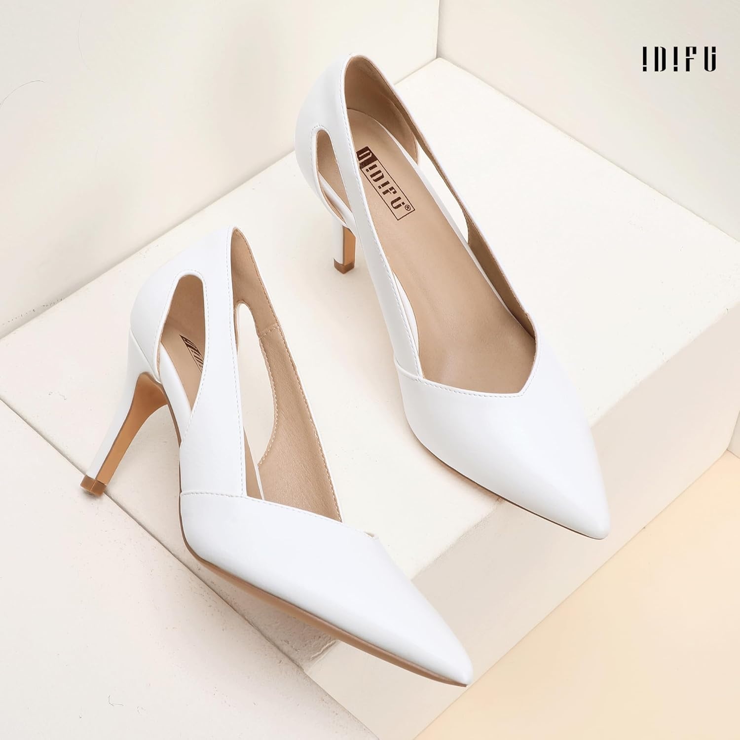 image:imageIDIFU IN3 Closed Pointed Toe Heels Womens Pumps Stiletto Kitten Heel Comfortable Cut Out Dress Shoes for Women Wedding Bridal Prom Office Casual Fashion Cute Classic Pumps ShoesWhite Pu