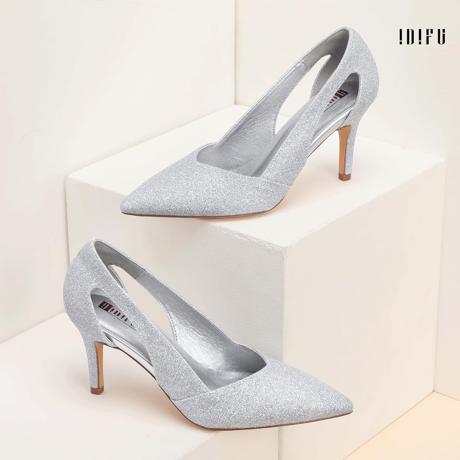 image:imageIDIFU IN3 Closed Pointed Toe Heels Womens Pumps Stiletto Kitten Heel Comfortable Cut Out Dress Shoes for Women Wedding Bridal Prom Office Casual Fashion Cute Classic Pumps ShoesSilver Shiny