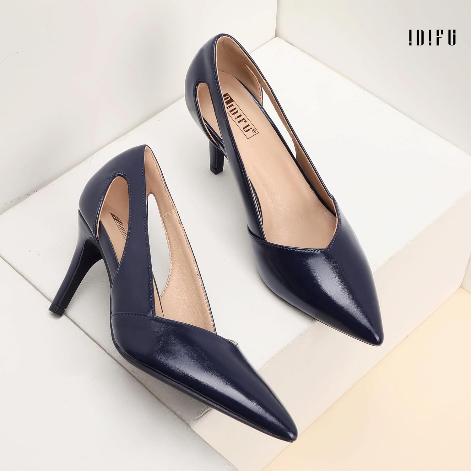 image:imageIDIFU IN3 Closed Pointed Toe Heels Womens Pumps Stiletto Kitten Heel Comfortable Cut Out Dress Shoes for Women Wedding Bridal Prom Office Casual Fashion Cute Classic Pumps ShoesNavy Blue Pu