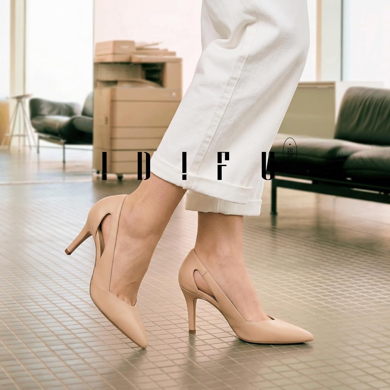 image:imageIDIFU IN3 Closed Pointed Toe Heels Womens Pumps Stiletto Kitten Heel Comfortable Cut Out Dress Shoes for Women Wedding Bridal Prom Office Casual Fashion Cute Classic Pumps ShoesNude Pu