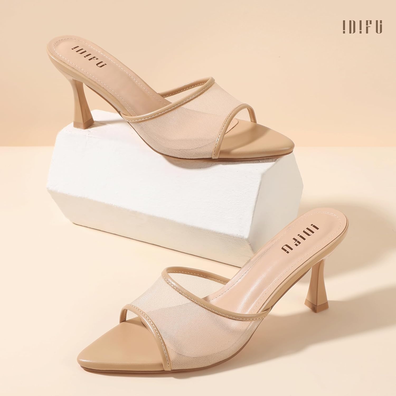 image:imageIDIFU IN3 Kitten Heels Mesh Pointed Toe Slip On Comfortable Slides Heeled Sandals Sexy Wedding Party Bridal Bride Dress Shoes Dressy Open Toe Mules Heels for WomenNude Pu