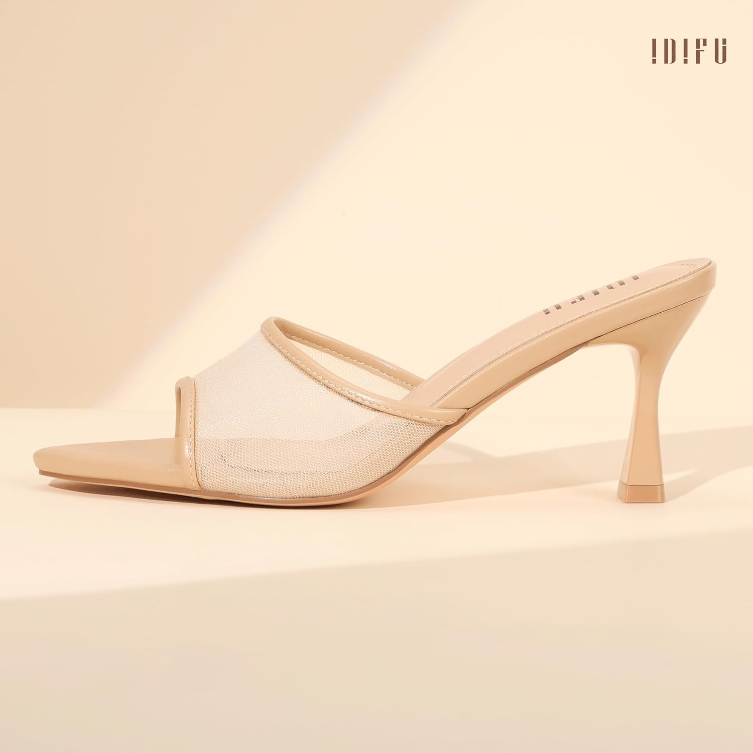 image:imageIDIFU IN3 Kitten Heels Mesh Pointed Toe Slip On Comfortable Slides Heeled Sandals Sexy Wedding Party Bridal Bride Dress Shoes Dressy Open Toe Mules Heels for WomenNude Pu