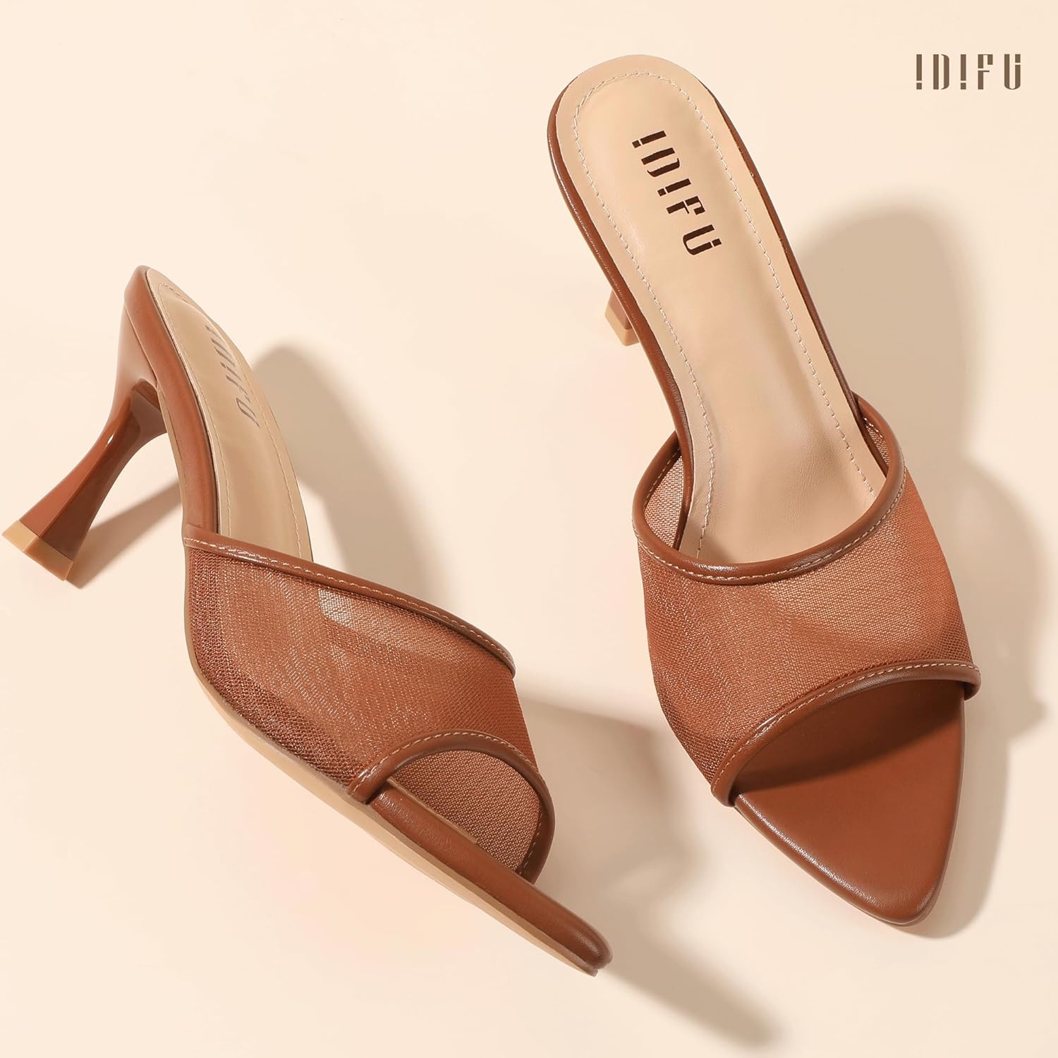 image:imageIDIFU IN3 Kitten Heels Mesh Pointed Toe Slip On Comfortable Slides Heeled Sandals Sexy Wedding Party Bridal Bride Dress Shoes Dressy Open Toe Mules Heels for WomenBrown Pu