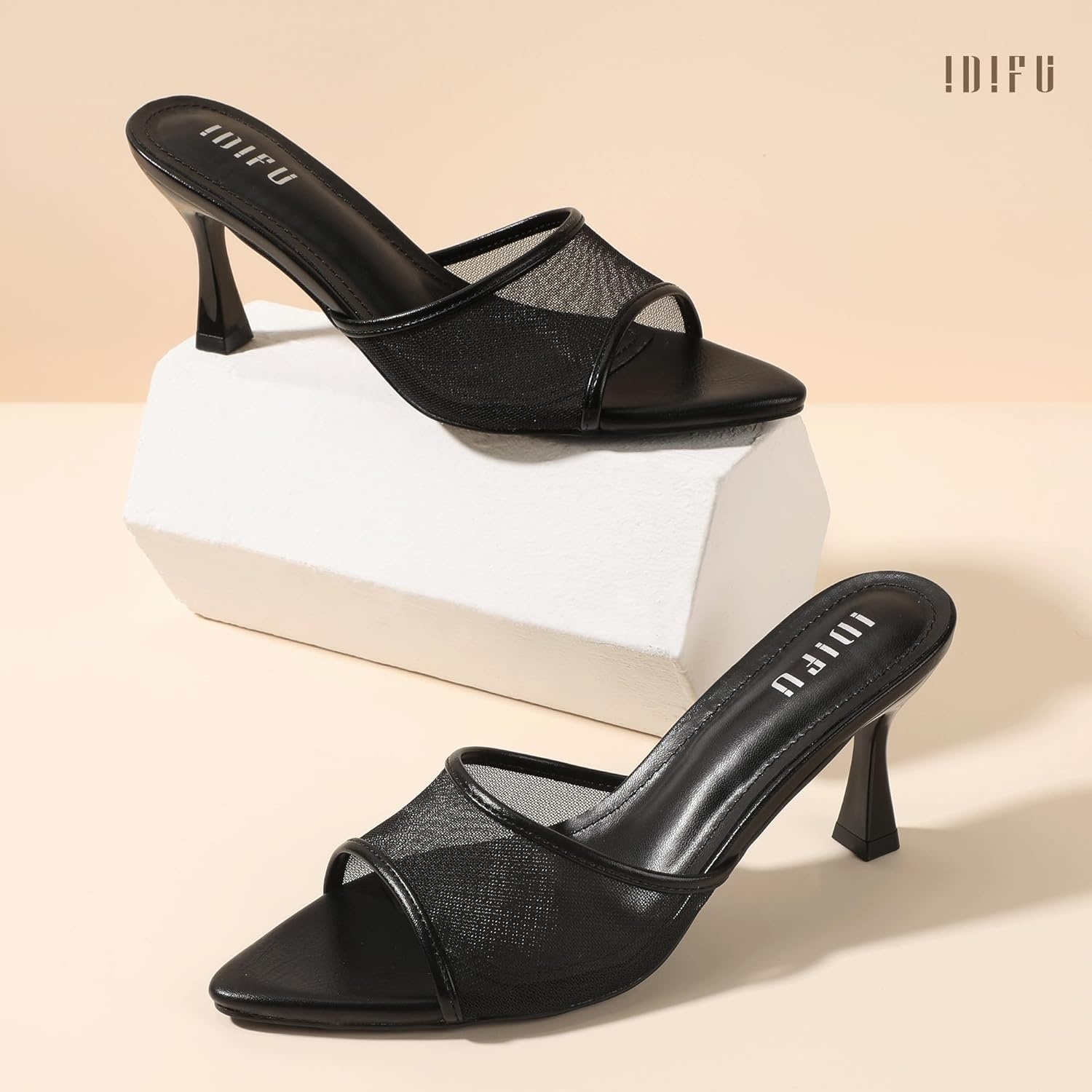 image:imageIDIFU IN3 Kitten Heels Mesh Pointed Toe Slip On Comfortable Slides Heeled Sandals Sexy Wedding Party Bridal Bride Dress Shoes Dressy Open Toe Mules Heels for WomenBlack Pu