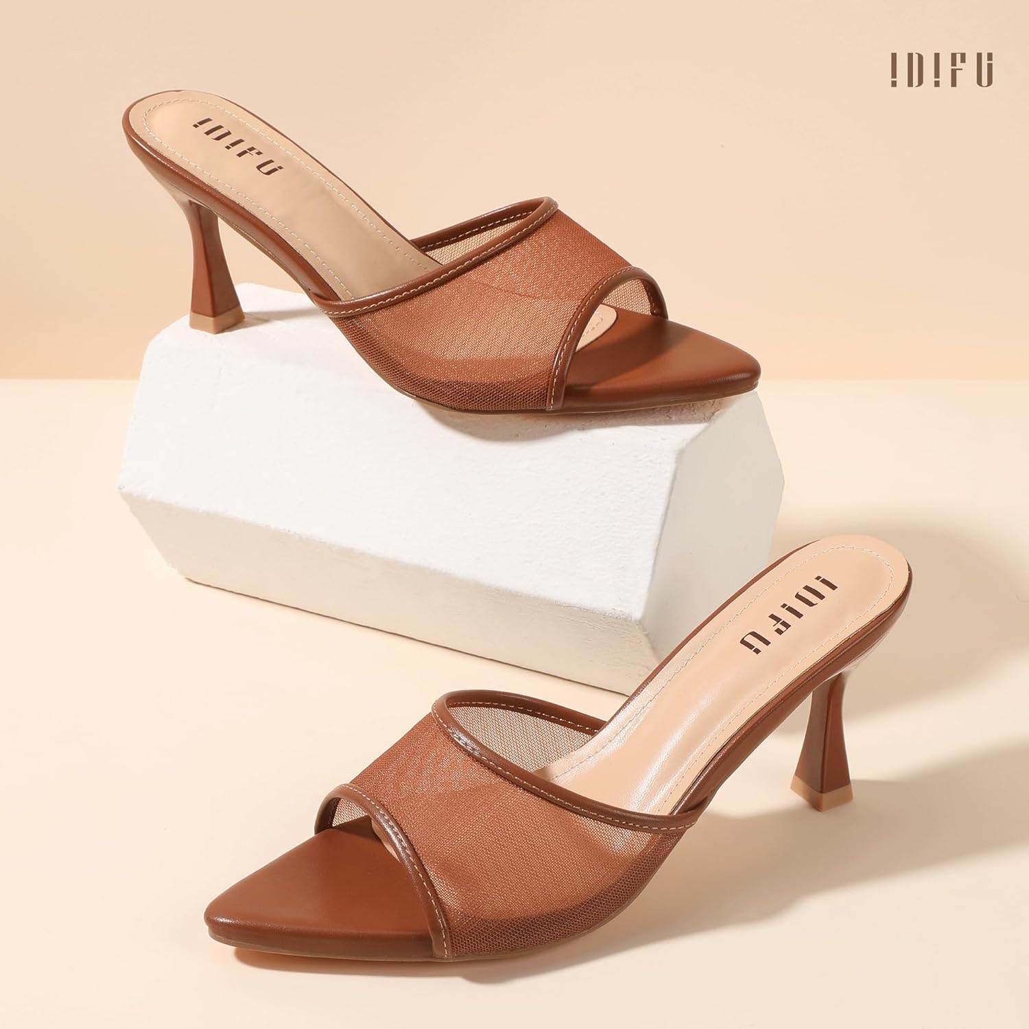 image:imageIDIFU IN3 Kitten Heels Mesh Pointed Toe Slip On Comfortable Slides Heeled Sandals Sexy Wedding Party Bridal Bride Dress Shoes Dressy Open Toe Mules Heels for WomenBrown Pu