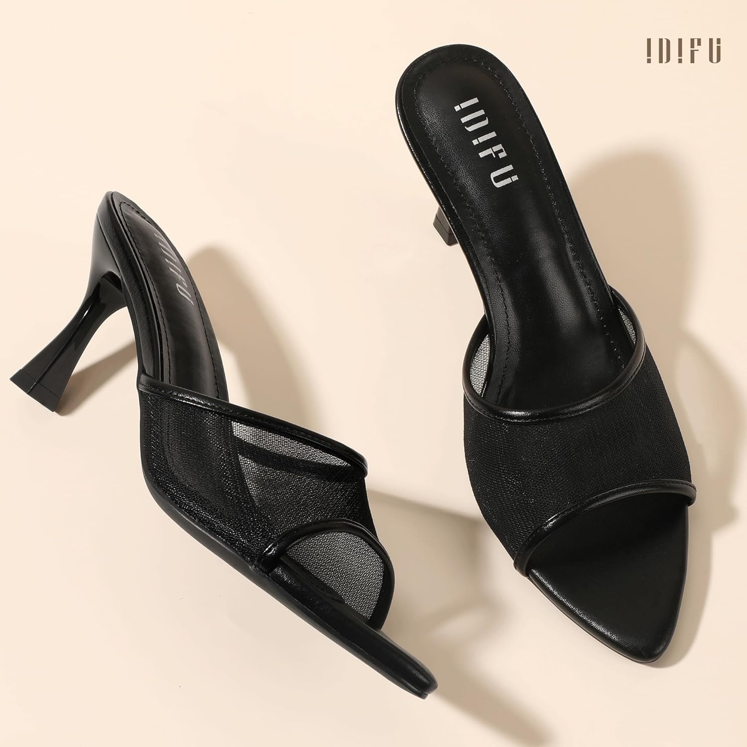 image:imageIDIFU IN3 Kitten Heels Mesh Pointed Toe Slip On Comfortable Slides Heeled Sandals Sexy Wedding Party Bridal Bride Dress Shoes Dressy Open Toe Mules Heels for WomenBlack Pu
