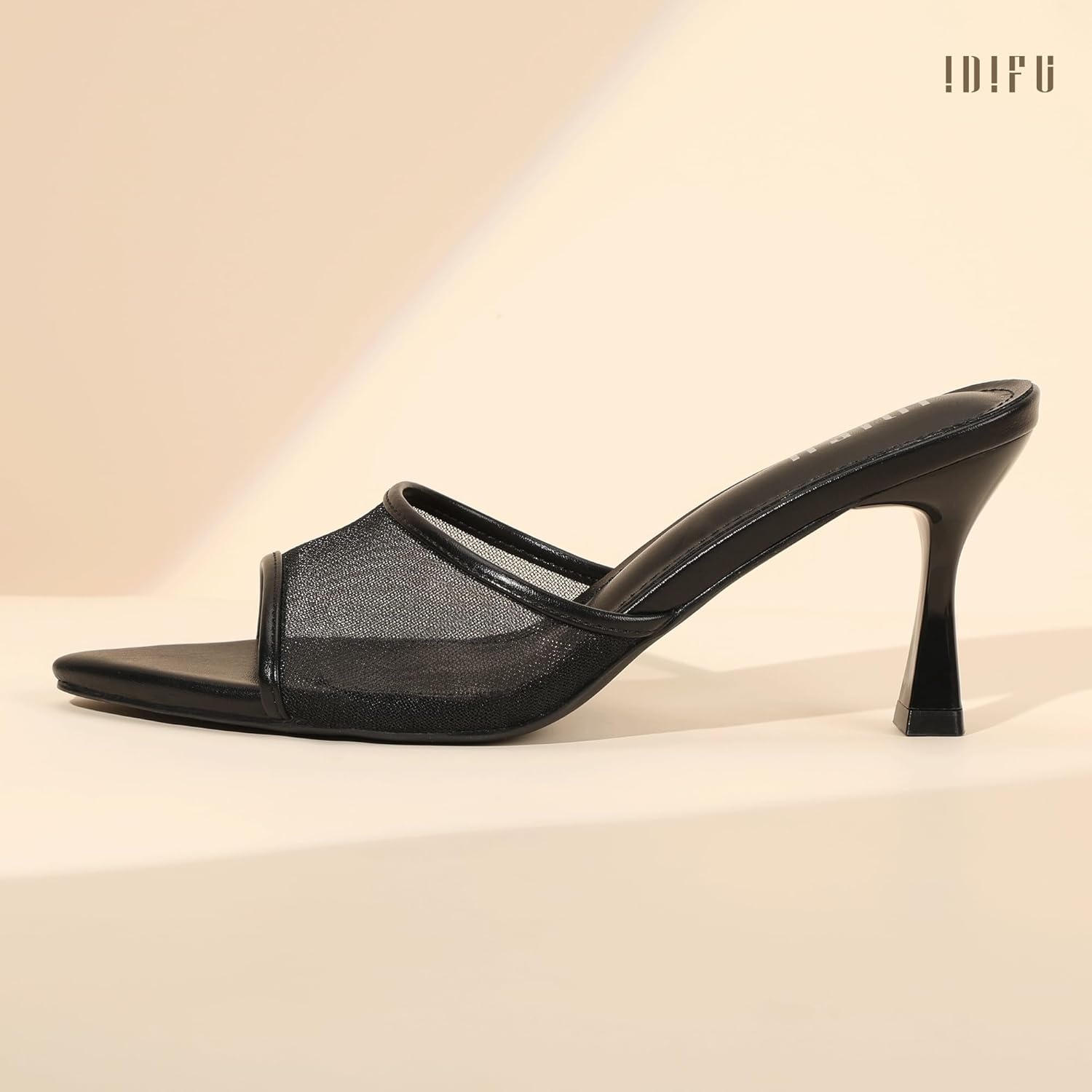 image:imageIDIFU IN3 Kitten Heels Mesh Pointed Toe Slip On Comfortable Slides Heeled Sandals Sexy Wedding Party Bridal Bride Dress Shoes Dressy Open Toe Mules Heels for WomenBlack Pu