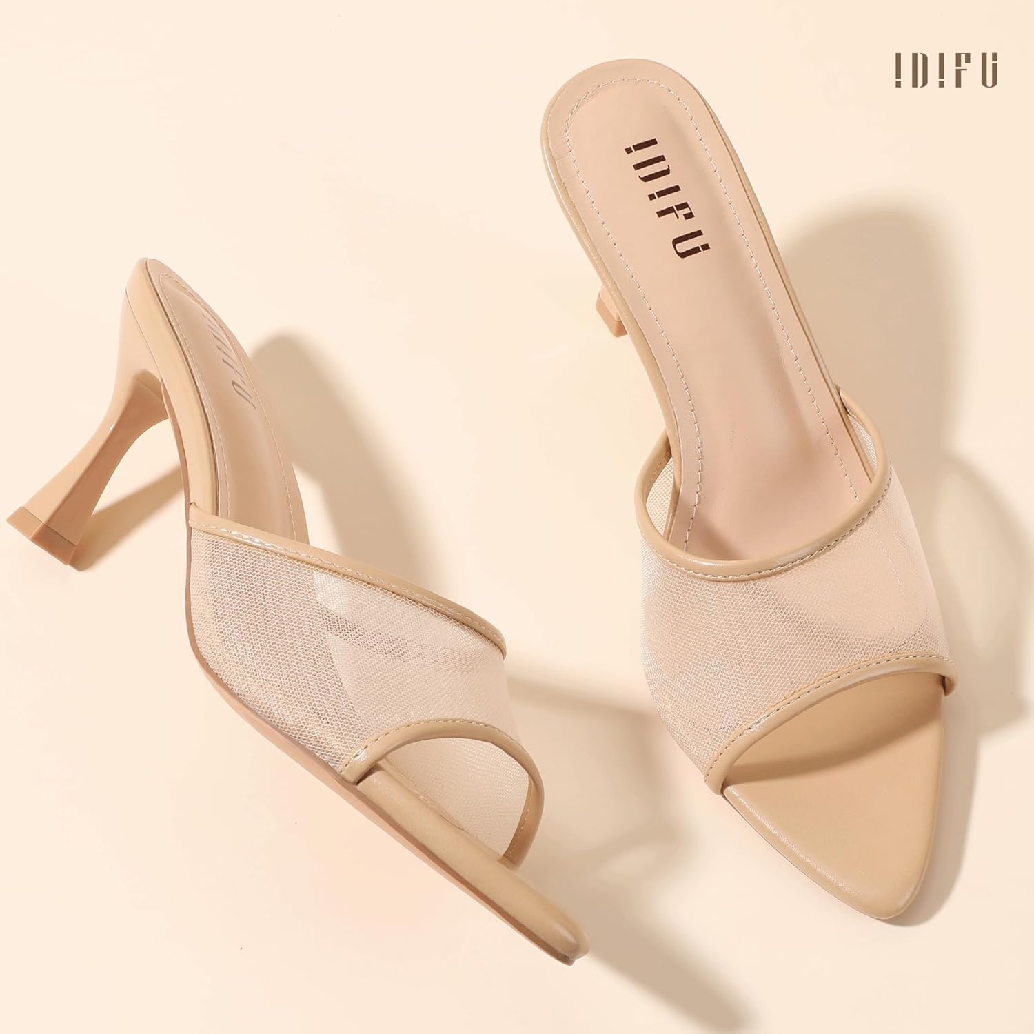 image:imageIDIFU IN3 Kitten Heels Mesh Pointed Toe Slip On Comfortable Slides Heeled Sandals Sexy Wedding Party Bridal Bride Dress Shoes Dressy Open Toe Mules Heels for WomenNude Pu