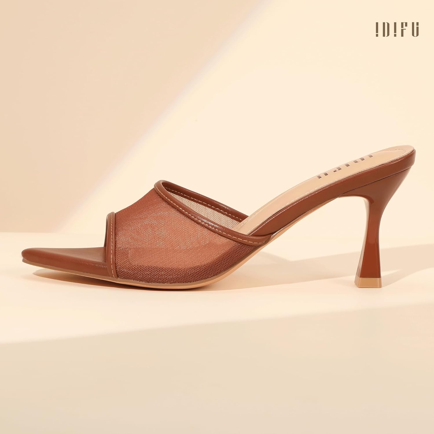 image:imageIDIFU IN3 Kitten Heels Mesh Pointed Toe Slip On Comfortable Slides Heeled Sandals Sexy Wedding Party Bridal Bride Dress Shoes Dressy Open Toe Mules Heels for WomenBrown Pu