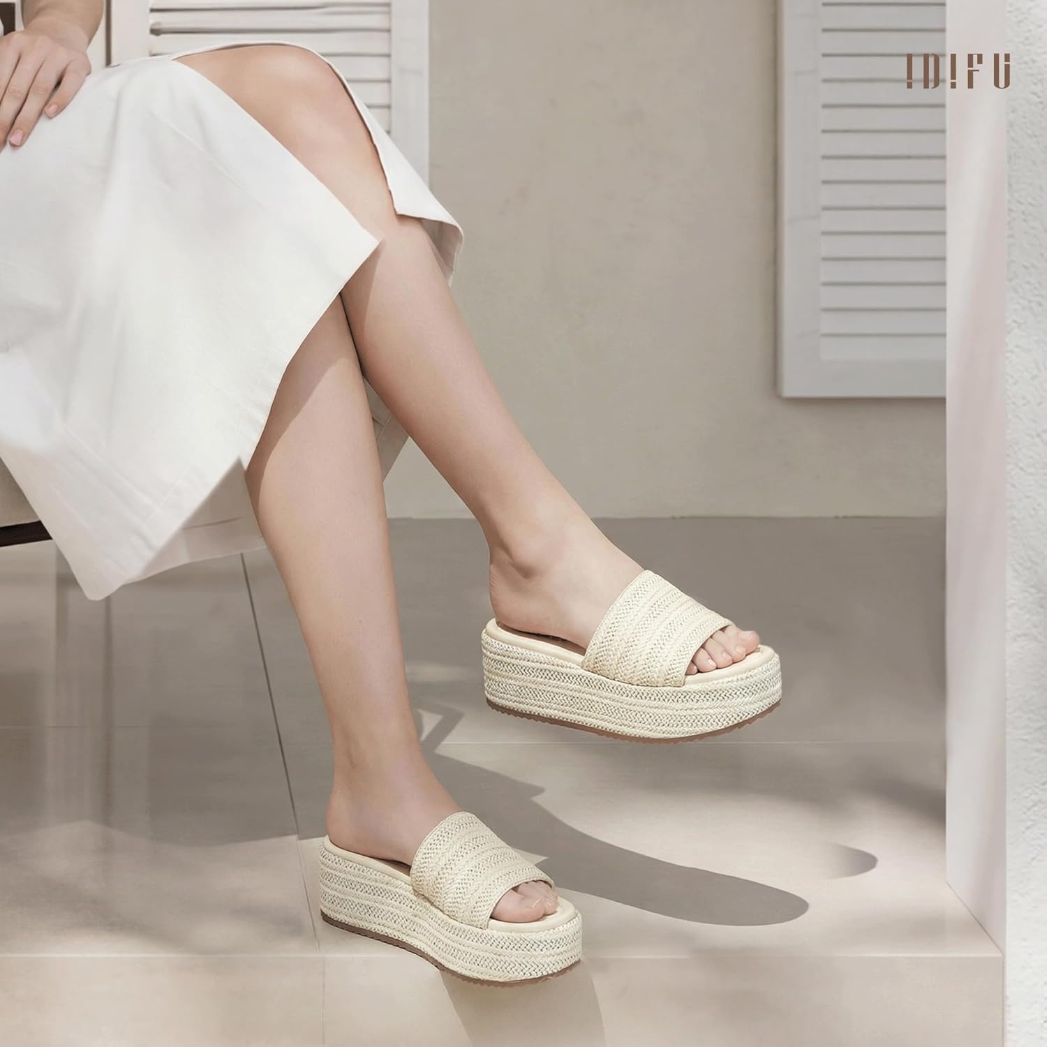 image:imageIDIFU IN3 Platform Espadrille Sandals Slip on Low Raffia Wedges for Women Summer Beach Vacation Dressy Slides Shoes Comfortable Cute Casual Bohemia Round Open Toe SandalsWhite