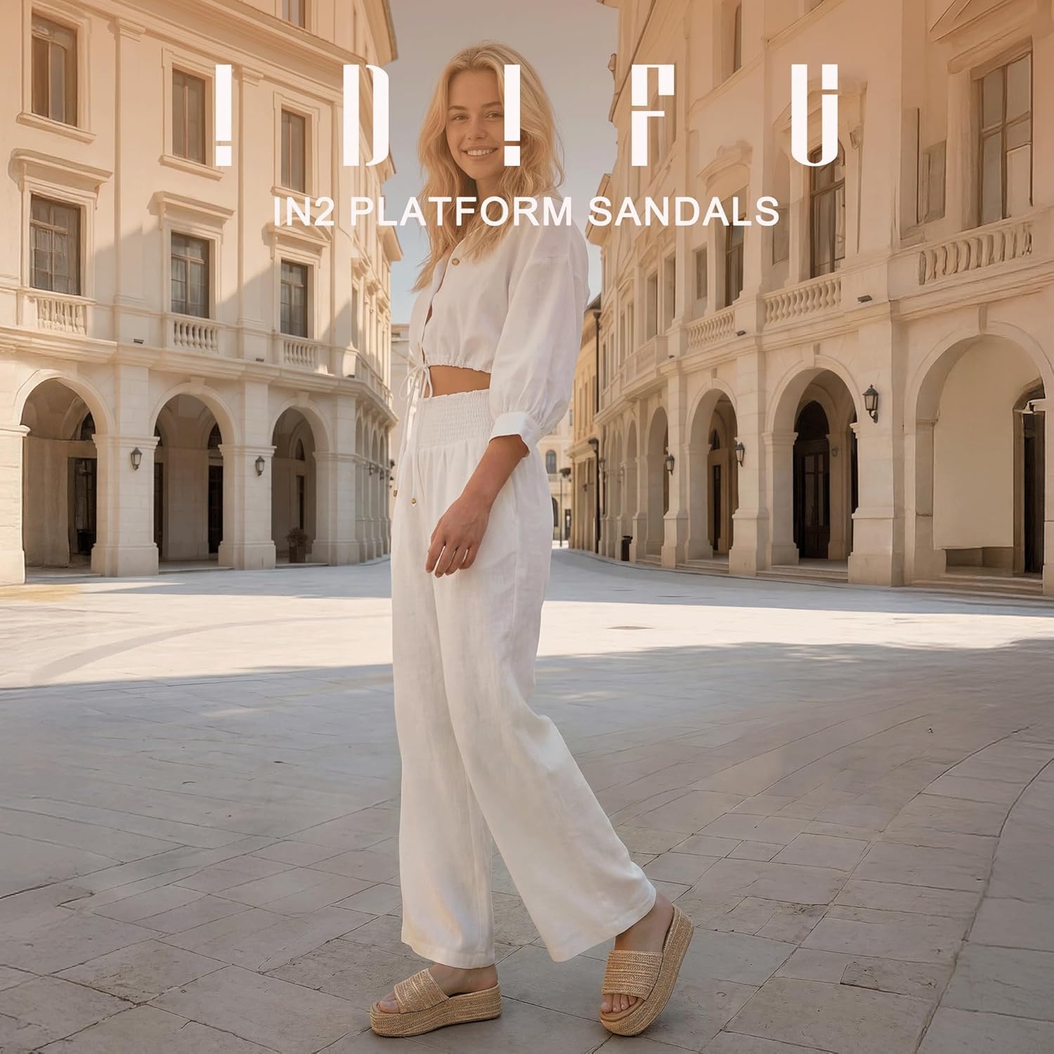 image:imageIDIFU IN3 Platform Espadrille Sandals Slip on Low Raffia Wedges for Women Summer Beach Vacation Dressy Slides Shoes Comfortable Cute Casual Bohemia Round Open Toe SandalsTan