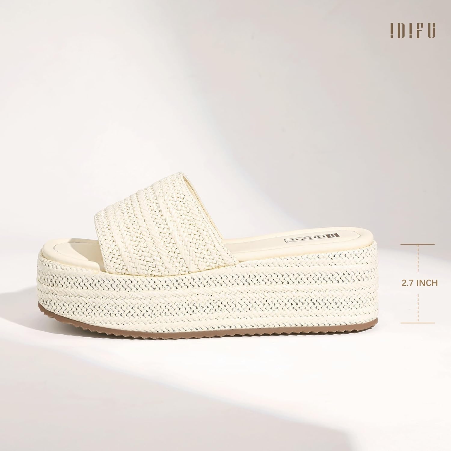 image:imageIDIFU IN3 Platform Espadrille Sandals Slip on Low Raffia Wedges for Women Summer Beach Vacation Dressy Slides Shoes Comfortable Cute Casual Bohemia Round Open Toe SandalsWhite