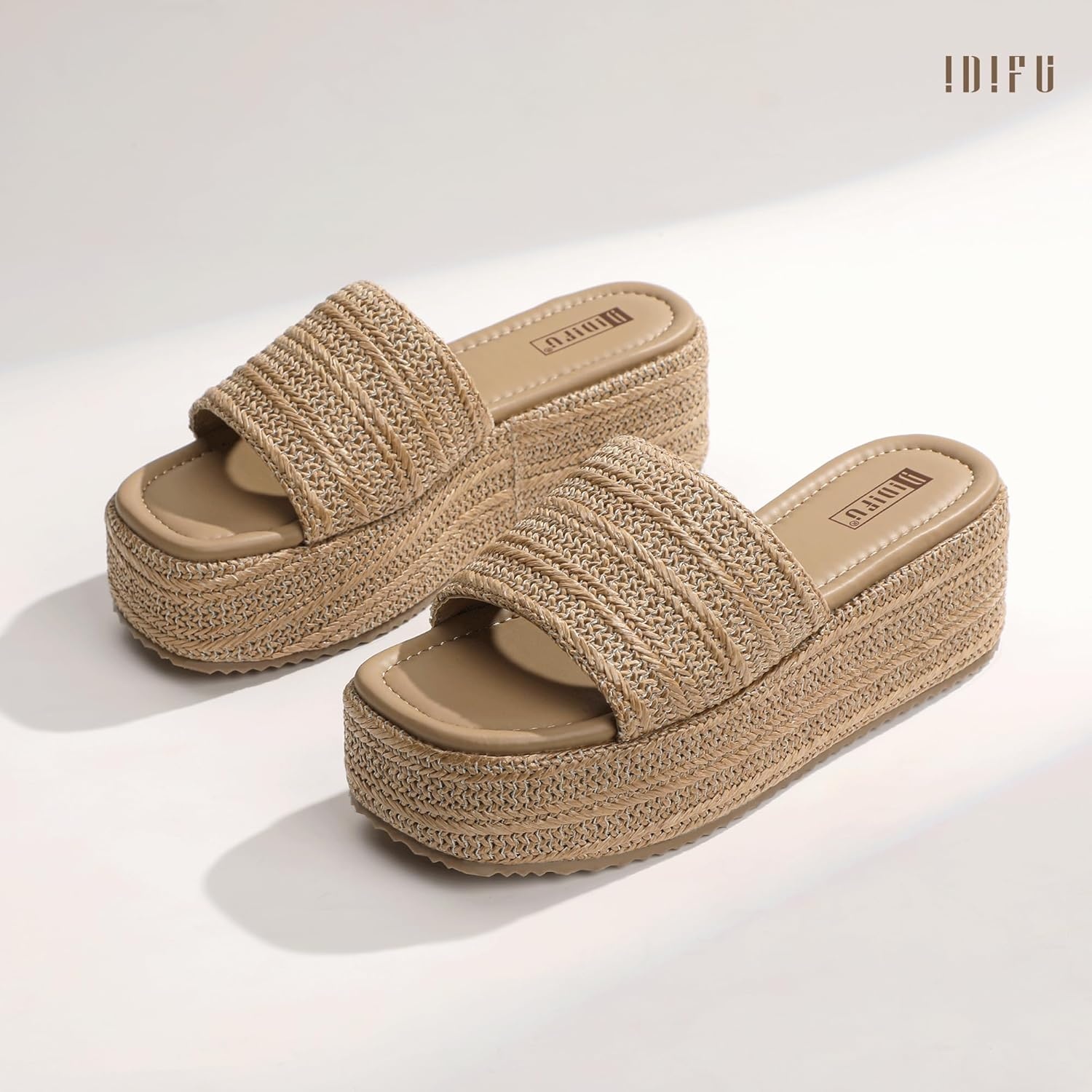 image:imageIDIFU IN3 Platform Espadrille Sandals Slip on Low Raffia Wedges for Women Summer Beach Vacation Dressy Slides Shoes Comfortable Cute Casual Bohemia Round Open Toe SandalsTan