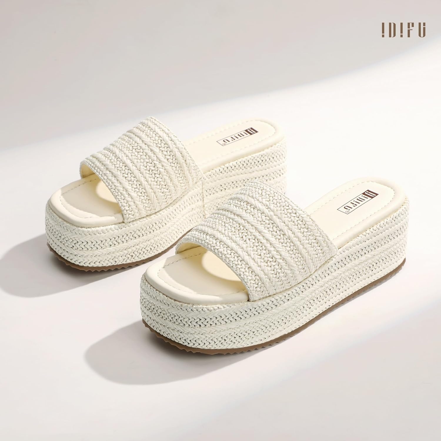image:imageIDIFU IN3 Platform Espadrille Sandals Slip on Low Raffia Wedges for Women Summer Beach Vacation Dressy Slides Shoes Comfortable Cute Casual Bohemia Round Open Toe SandalsWhite