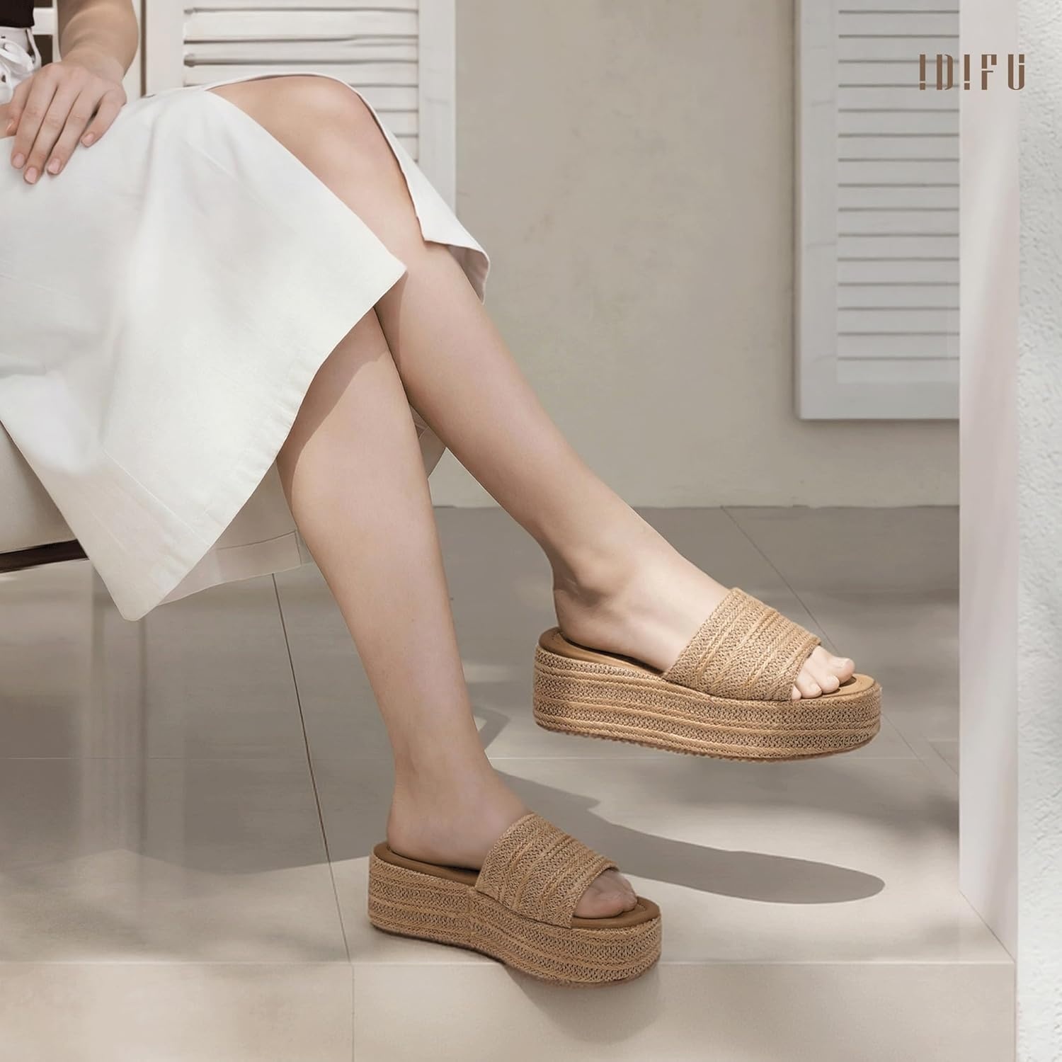 image:imageIDIFU IN3 Platform Espadrille Sandals Slip on Low Raffia Wedges for Women Summer Beach Vacation Dressy Slides Shoes Comfortable Cute Casual Bohemia Round Open Toe SandalsTan