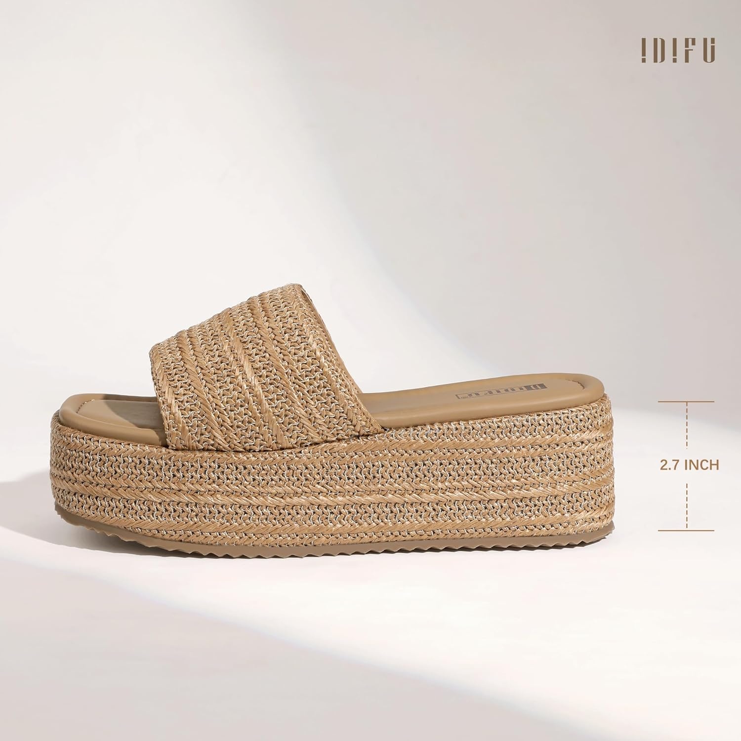 image:imageIDIFU IN3 Platform Espadrille Sandals Slip on Low Raffia Wedges for Women Summer Beach Vacation Dressy Slides Shoes Comfortable Cute Casual Bohemia Round Open Toe SandalsTan