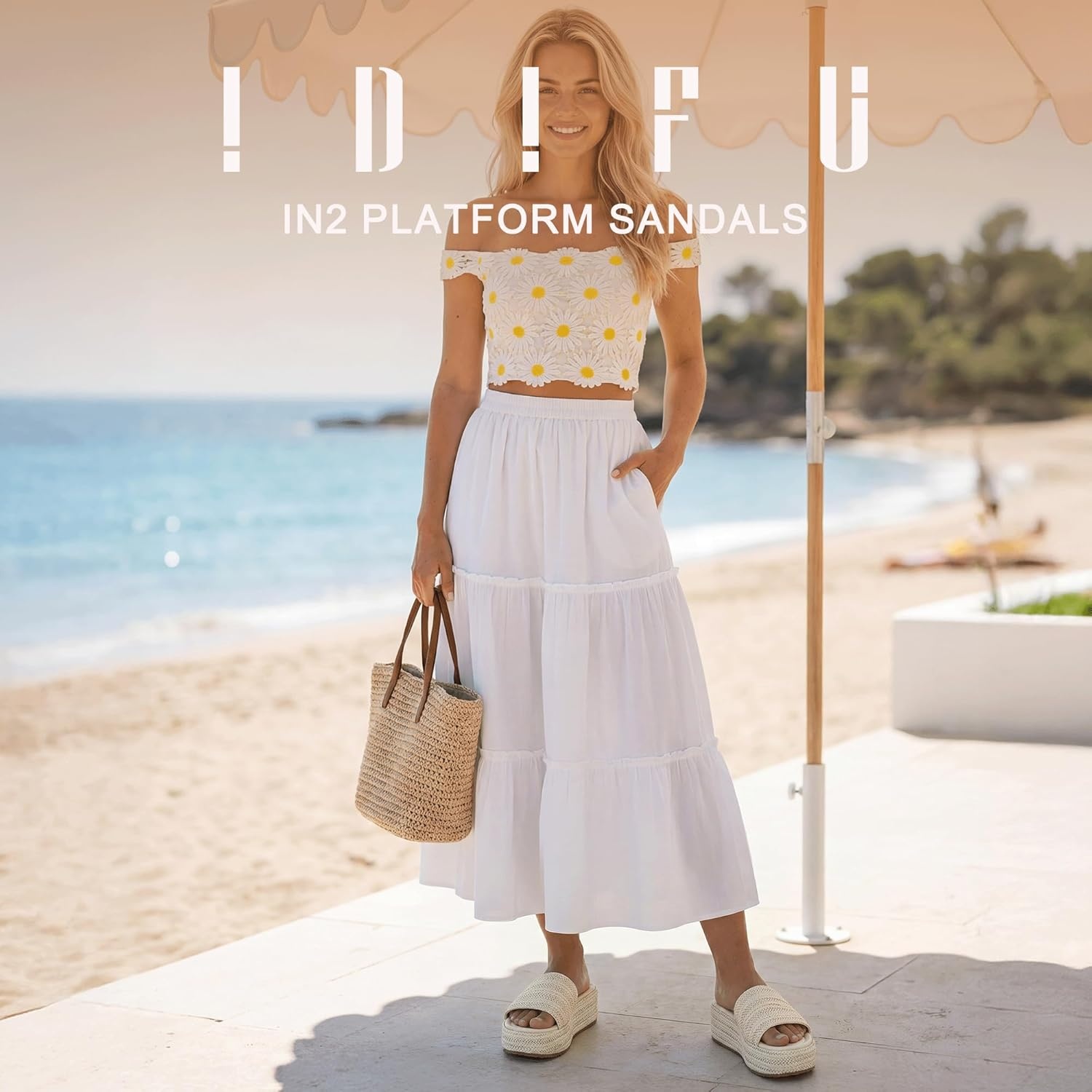 image:imageIDIFU IN3 Platform Espadrille Sandals Slip on Low Raffia Wedges for Women Summer Beach Vacation Dressy Slides Shoes Comfortable Cute Casual Bohemia Round Open Toe SandalsWhite