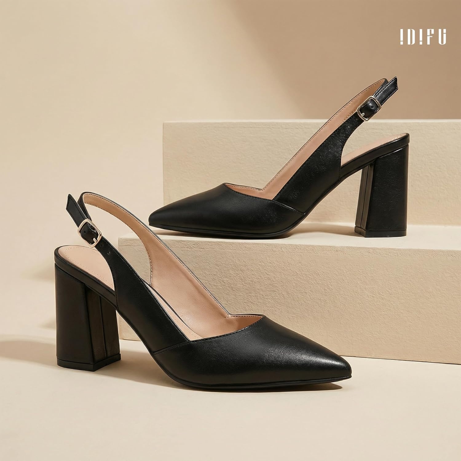 image:imageIDIFU IN3 Womens Slingback Heels Closed Pointed Toe Chunky Low Heel Dress Pumps Comfort Bridal Wedding Party Prom Work Office Business Pumps ShoesBlack Pu