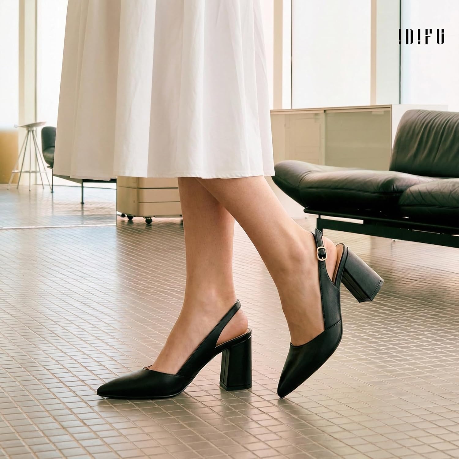 image:imageIDIFU IN3 Womens Slingback Heels Closed Pointed Toe Chunky Low Heel Dress Pumps Comfort Bridal Wedding Party Prom Work Office Business Pumps ShoesBlack Pu