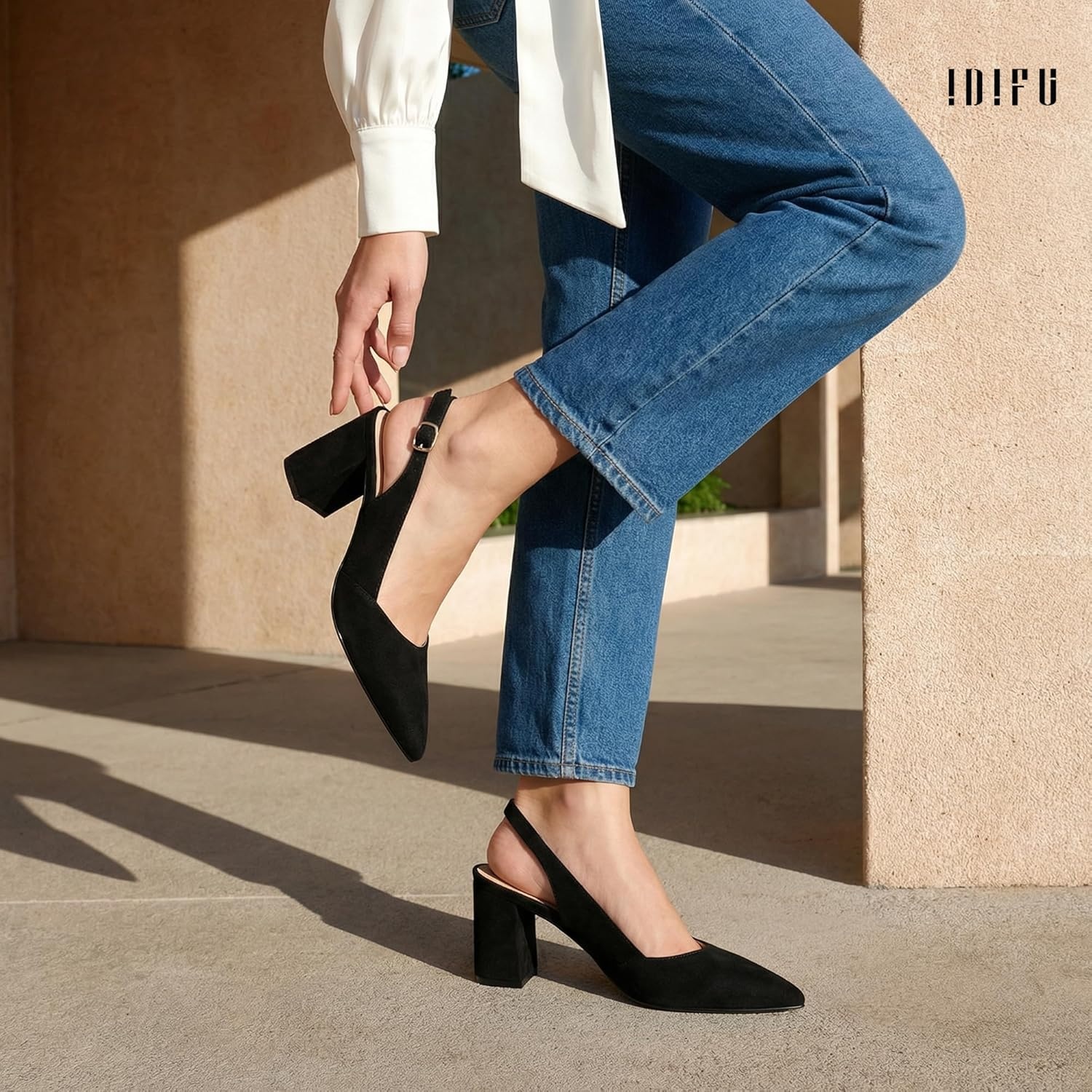 image:imageIDIFU IN3 Womens Slingback Heels Closed Pointed Toe Chunky Low Heel Dress Pumps Comfort Bridal Wedding Party Prom Work Office Business Pumps ShoesBlack Suede