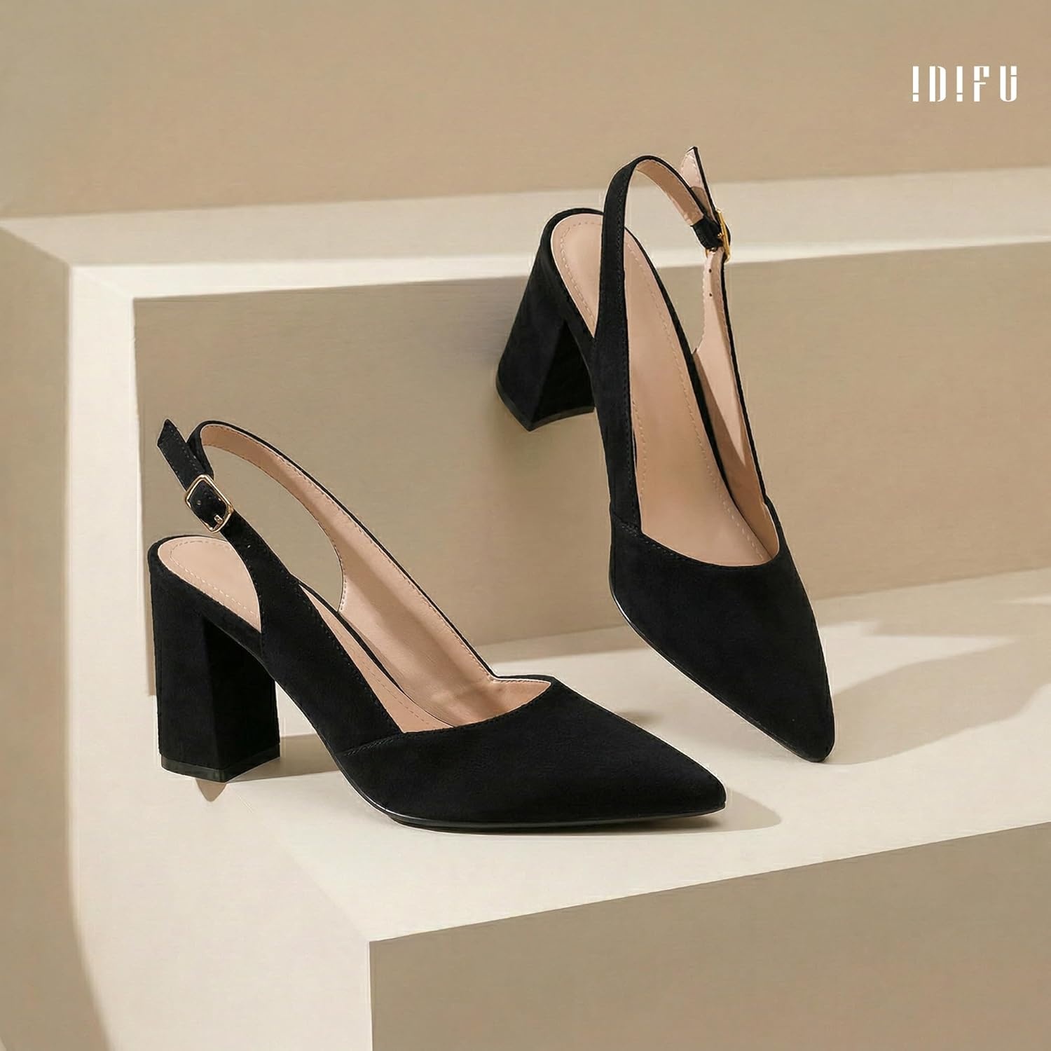 image:imageIDIFU IN3 Womens Slingback Heels Closed Pointed Toe Chunky Low Heel Dress Pumps Comfort Bridal Wedding Party Prom Work Office Business Pumps ShoesBlack Suede