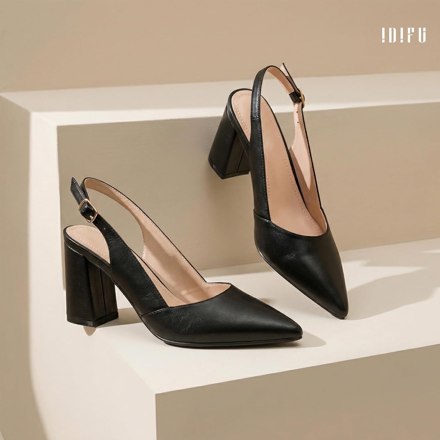 image:imageIDIFU IN3 Womens Slingback Heels Closed Pointed Toe Chunky Low Heel Dress Pumps Comfort Bridal Wedding Party Prom Work Office Business Pumps ShoesBlack Pu