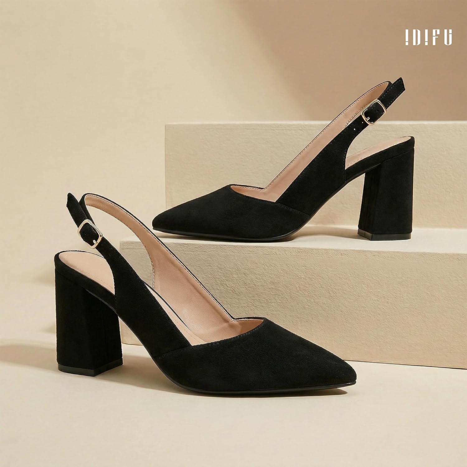 image:imageIDIFU IN3 Womens Slingback Heels Closed Pointed Toe Chunky Low Heel Dress Pumps Comfort Bridal Wedding Party Prom Work Office Business Pumps ShoesBlack Suede