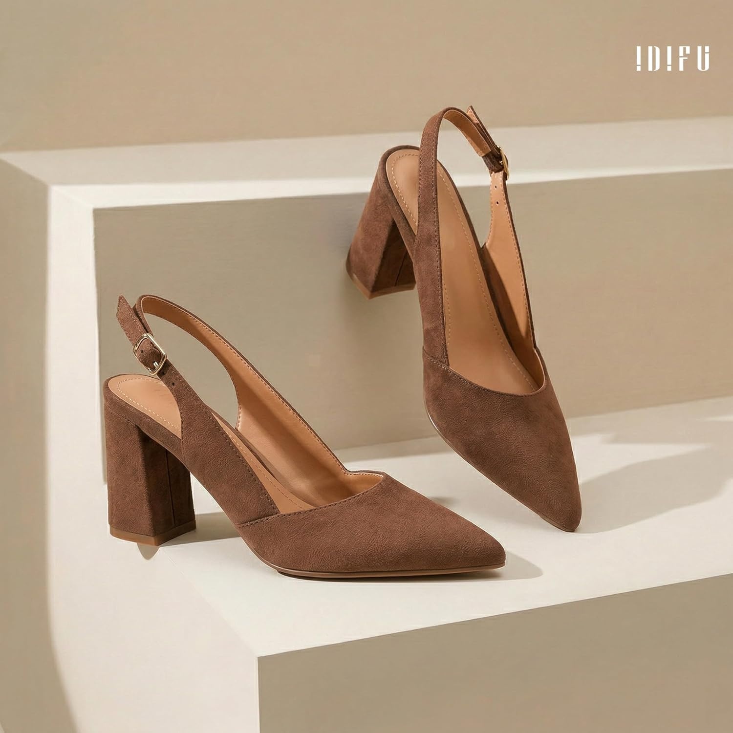image:imageIDIFU IN3 Womens Slingback Heels Closed Pointed Toe Chunky Low Heel Dress Pumps Comfort Bridal Wedding Party Prom Work Office Business Pumps ShoesBrown Suede