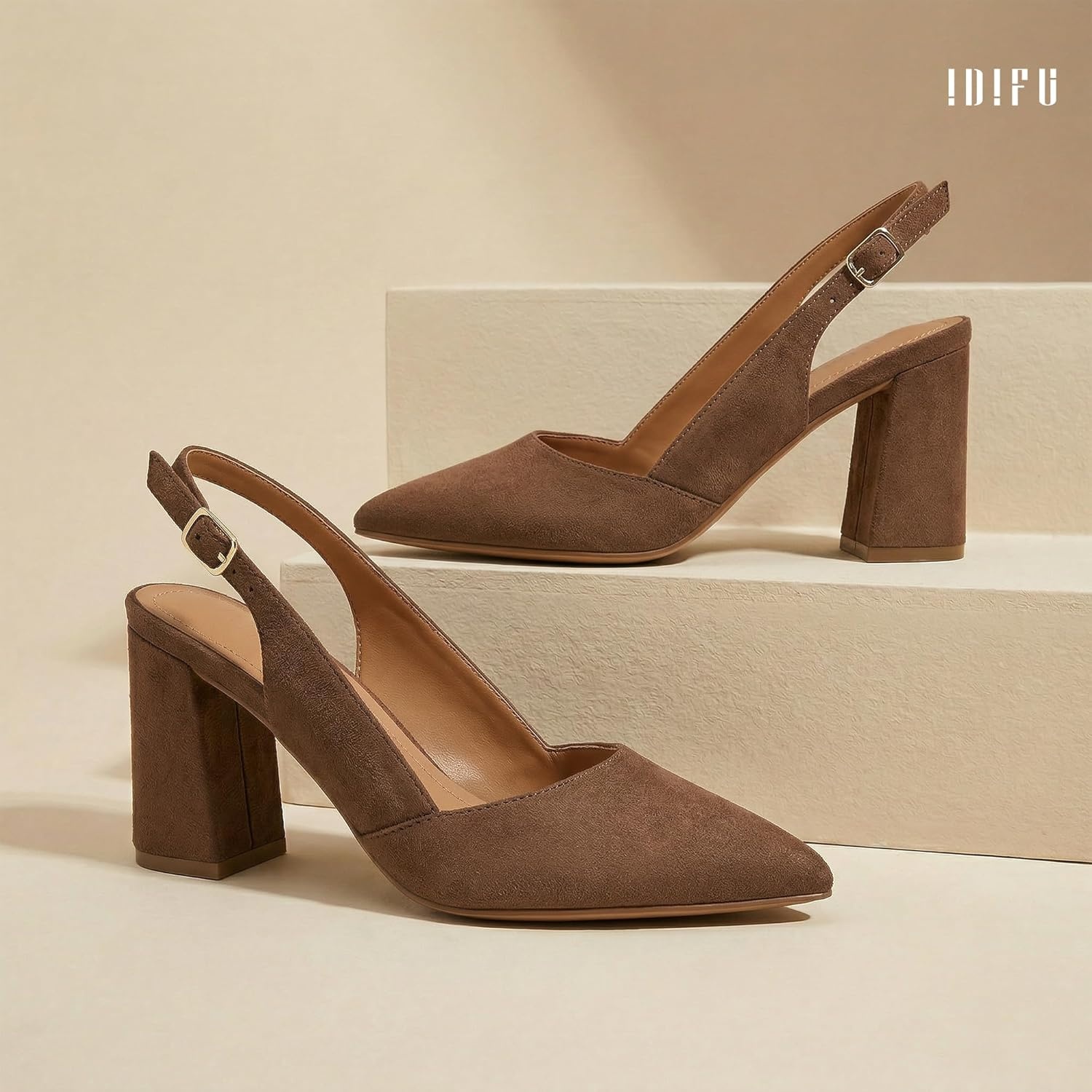 image:imageIDIFU IN3 Womens Slingback Heels Closed Pointed Toe Chunky Low Heel Dress Pumps Comfort Bridal Wedding Party Prom Work Office Business Pumps ShoesBrown Suede