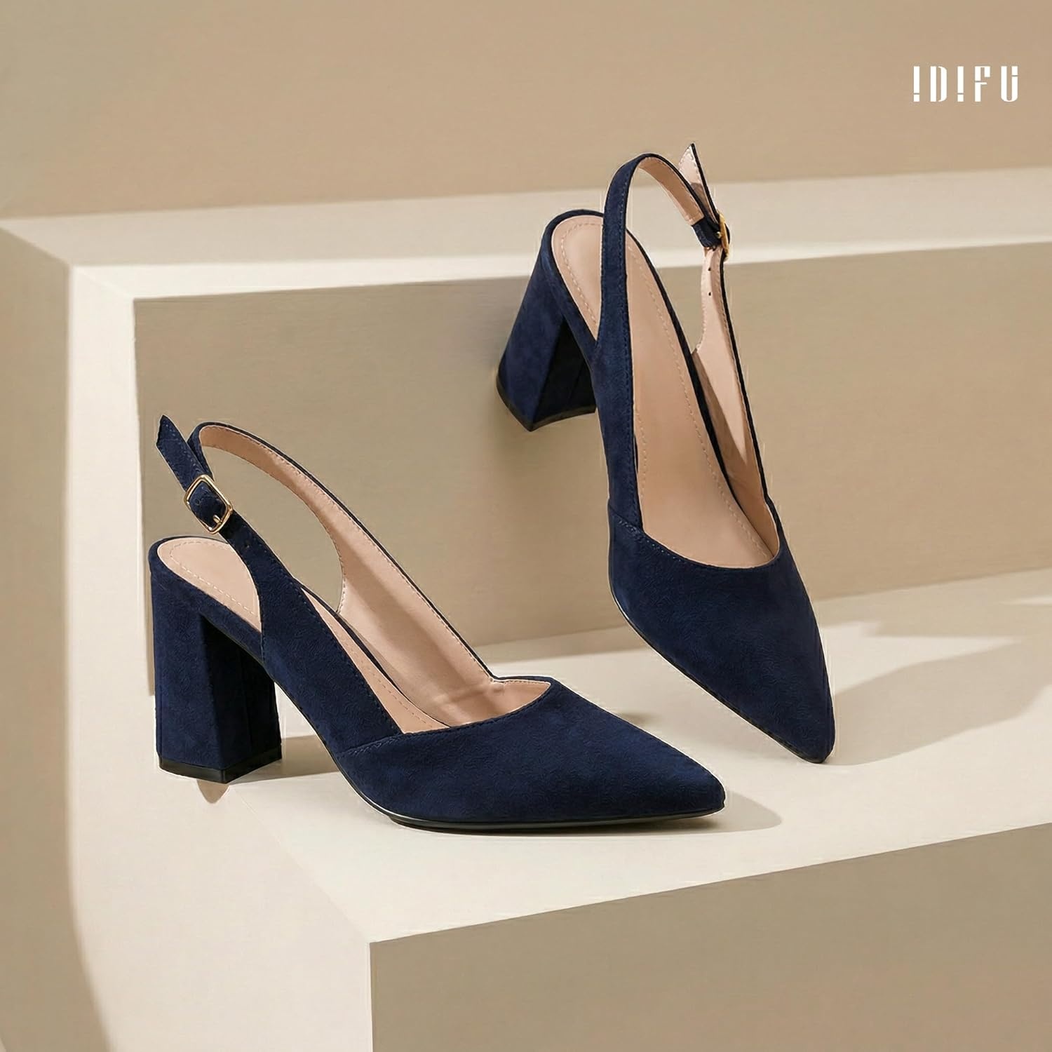 image:imageIDIFU IN3 Womens Slingback Heels Closed Pointed Toe Chunky Low Heel Dress Pumps Comfort Bridal Wedding Party Prom Work Office Business Pumps ShoesNavy Blue Suede