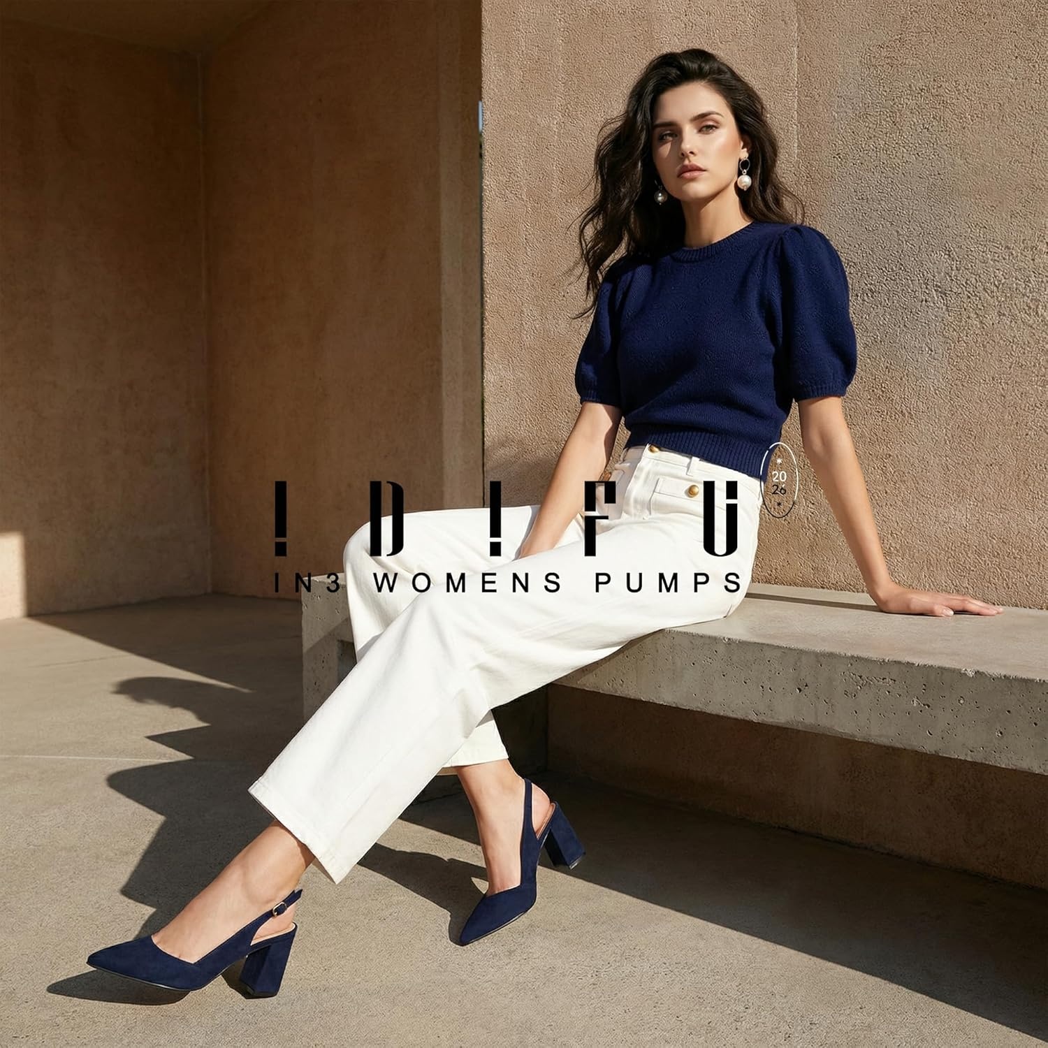 image:imageIDIFU IN3 Womens Slingback Heels Closed Pointed Toe Chunky Low Heel Dress Pumps Comfort Bridal Wedding Party Prom Work Office Business Pumps ShoesNavy Blue Suede